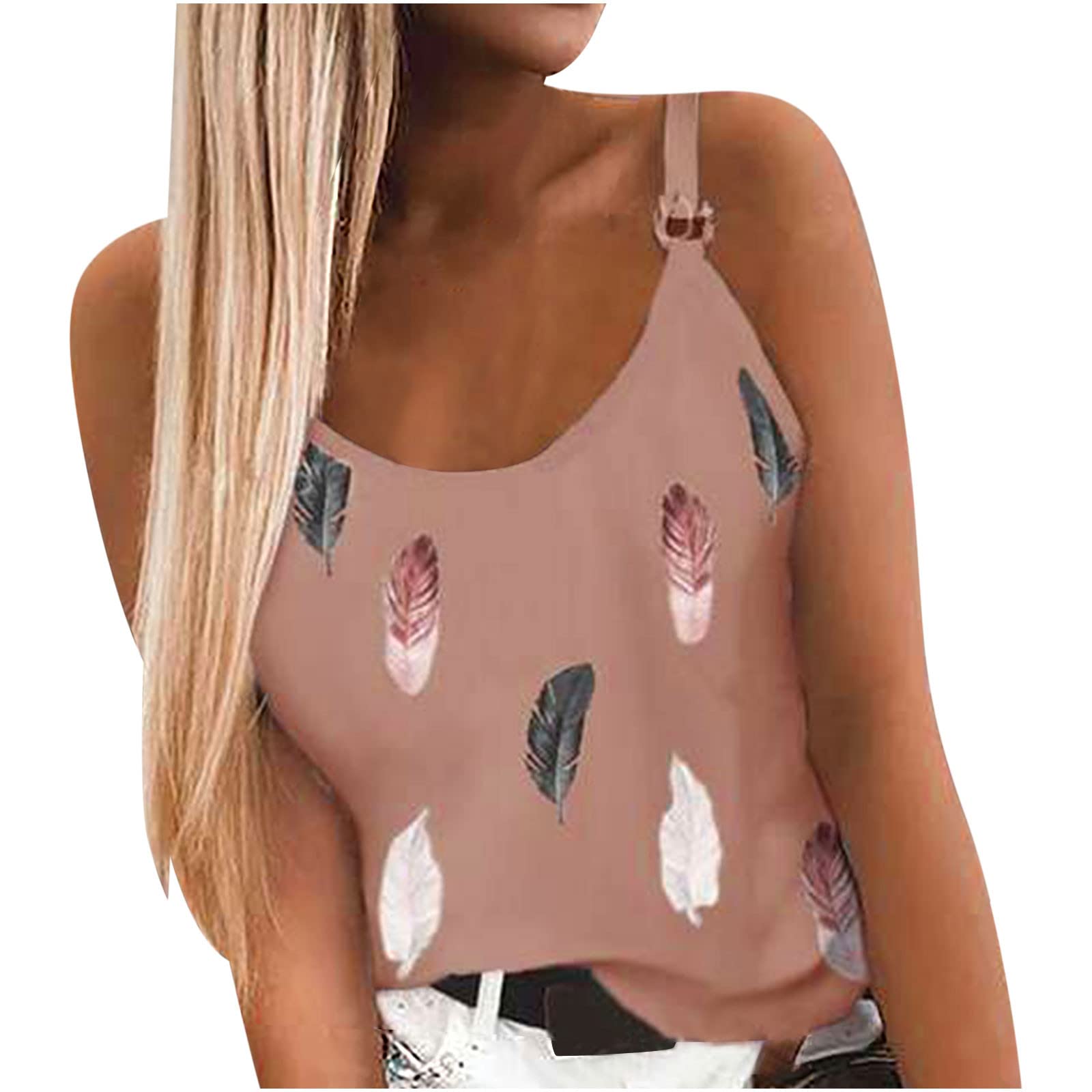 Ylioge Women's Summer Crewneck Feather Print Camisole Vest - Oversized Casual Tunic Tank Top for Beach, Vacation & Everyday Wear