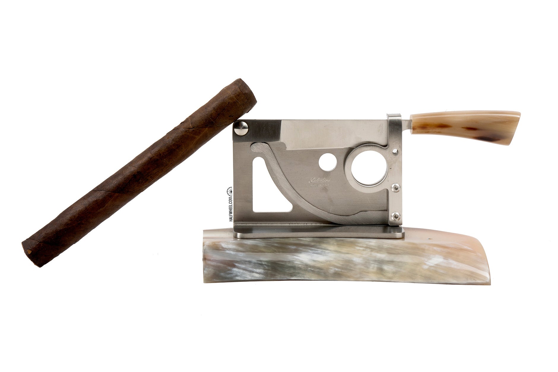 Premium Italian Saladini Table Cigar Cutter with Ox Horn Handle - Luxury Cigar Accessory for Home Bars, Smoking Lounges & Gifts for Cigar Enthusiasts