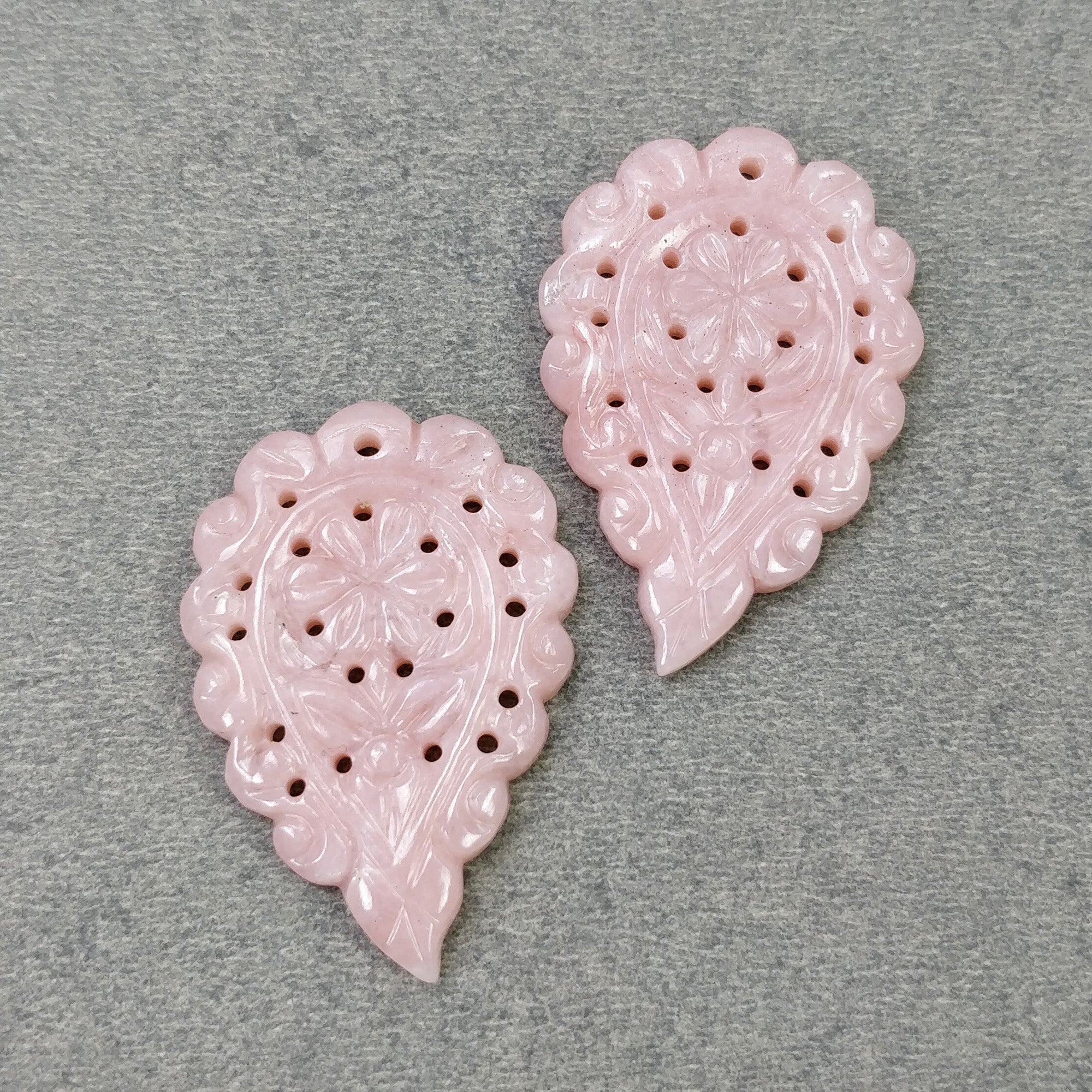 Natural Pink Opal Gemstone Carving - 40.80cts Hand Carved Leaf Pair 36x24mm (Video Included) | Healing Crystal Jewelry Making, Meditation & Spiritual Gift