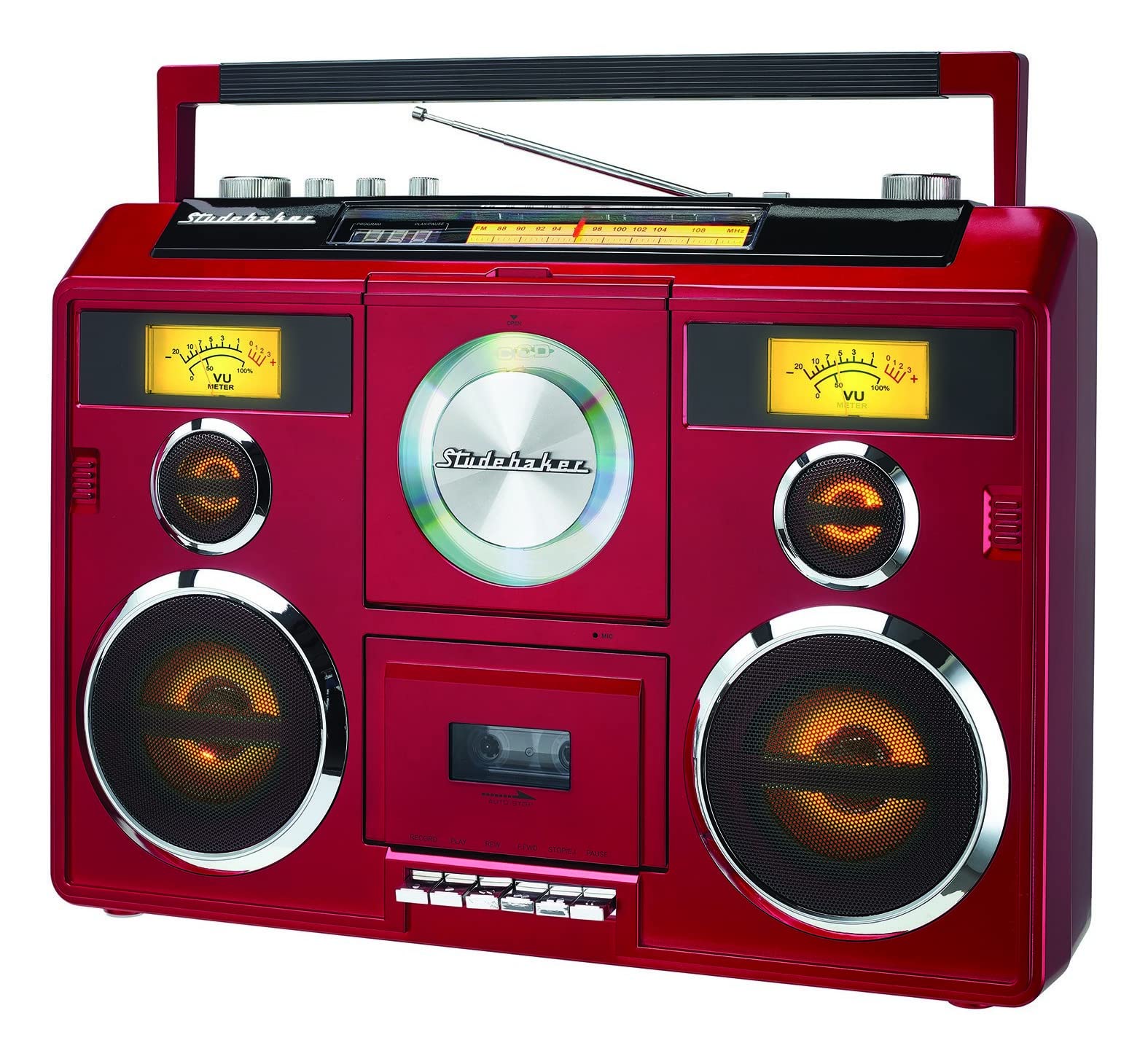 Portable Bluetooth Stereo System with CD Player, AM/FM Radio & Cassette Recorder - Red | Wireless Music Streaming for Home, Office & Outdoor Parties
