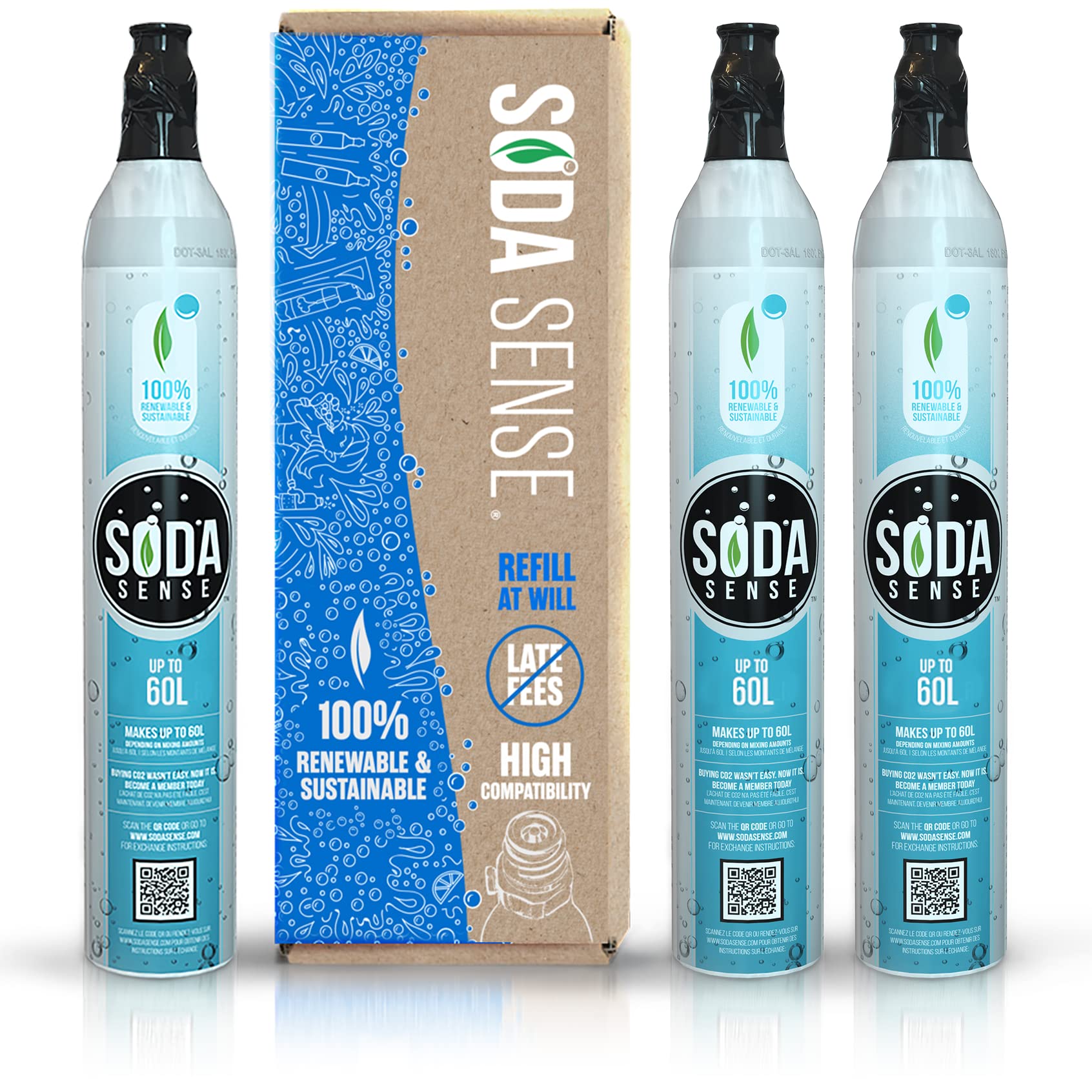 Eco-Friendly 60L CO2 Carbonator for SodaStream | Refillable Sparkling Water Cartridge Set of 3 | Includes $15 Amazon Gift Card | Perfect for Home Carbonation & DIY Soda Making (Excludes Art & Terra Models)