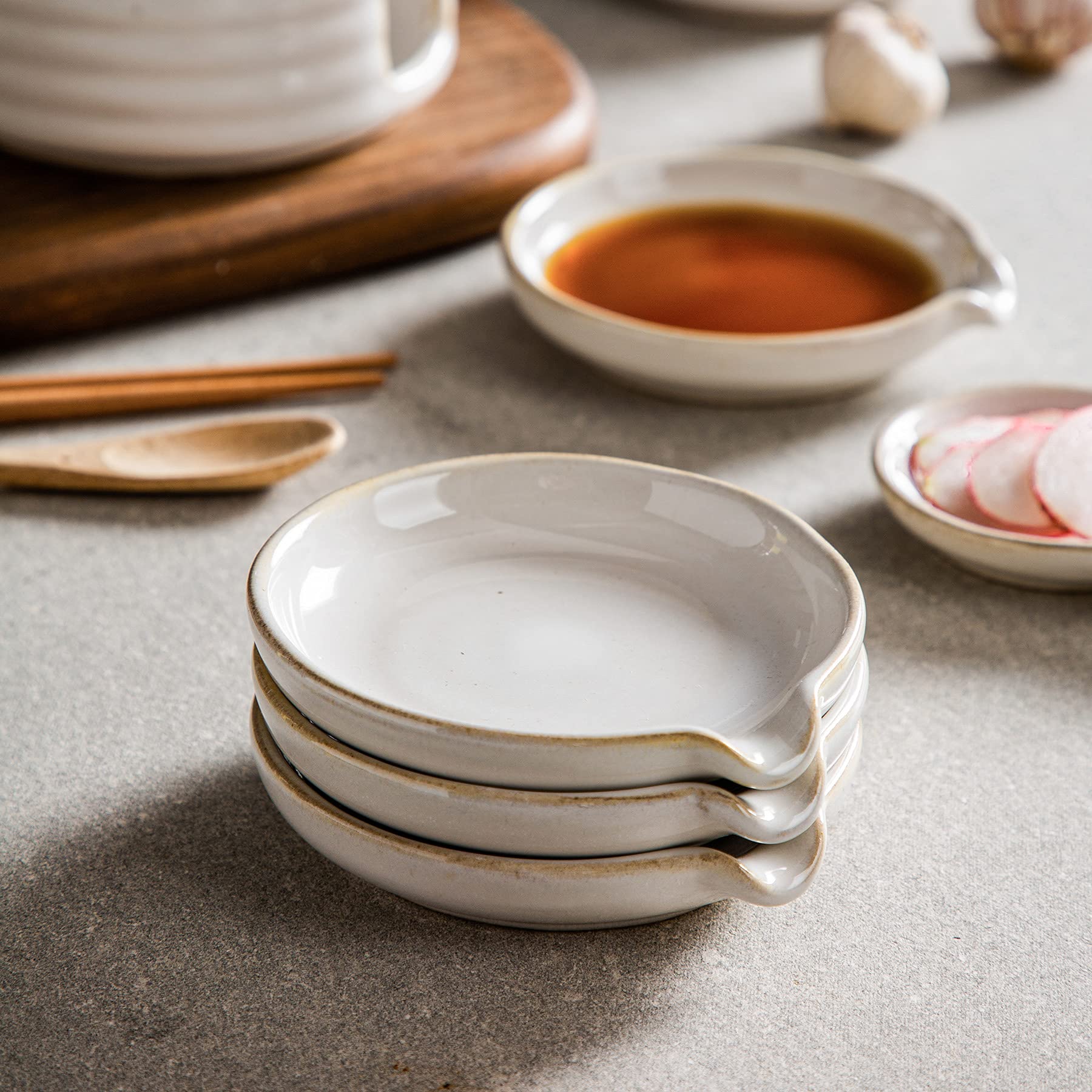 Ceramic Spoon Rest Set of 4 - Kitchen Utensil Holder for Cooking, Soy Sauce Dishes & Dipping Bowls - Cream Color Home Essentials for Countertop Organization & Asian Cuisine Prep