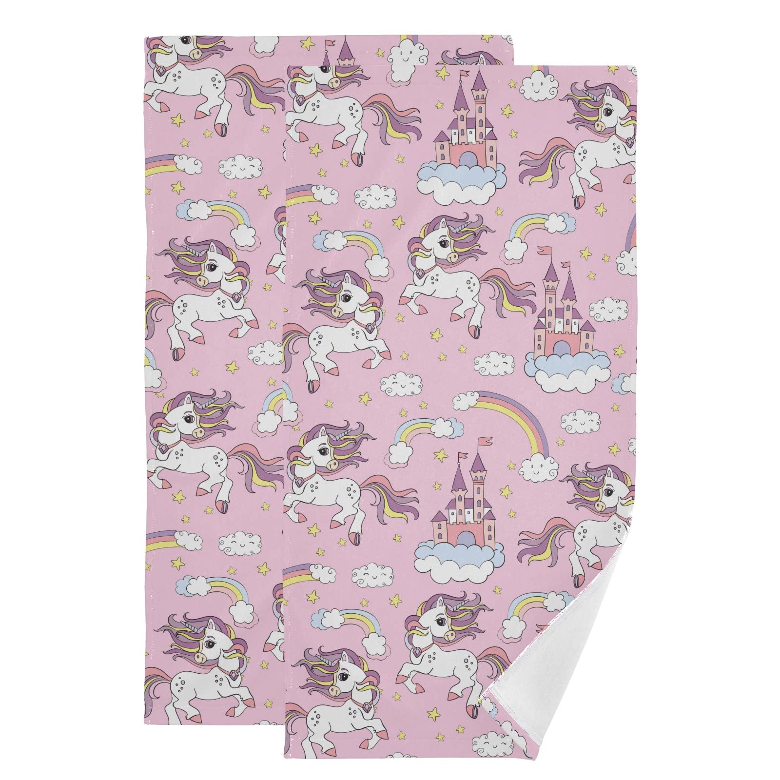 Cute Unicorn Bath Towel Set of 2 - Ultra Soft & Highly Absorbent Hand Towels & Face Towels (30x15 Inches) - Quick Dry Bathroom Towels for Kids, Girls Room Decor, Castle Sky Themed Gift Idea - Perfect for Bath, Spa, and Nursery Decor