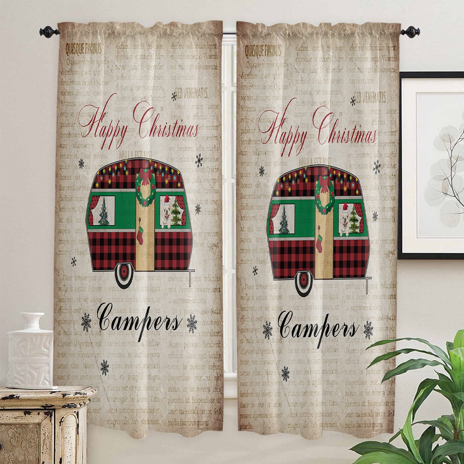 Rod Pocket Valance Curtains for Kitchen & Bathroom - Christmas Camping Theme Window Treatments, Retro Newspaper Buffalo Plaid Design in Black & Red (2 Panels) - Perfect for Living Room, Bedroom & Holiday Decor