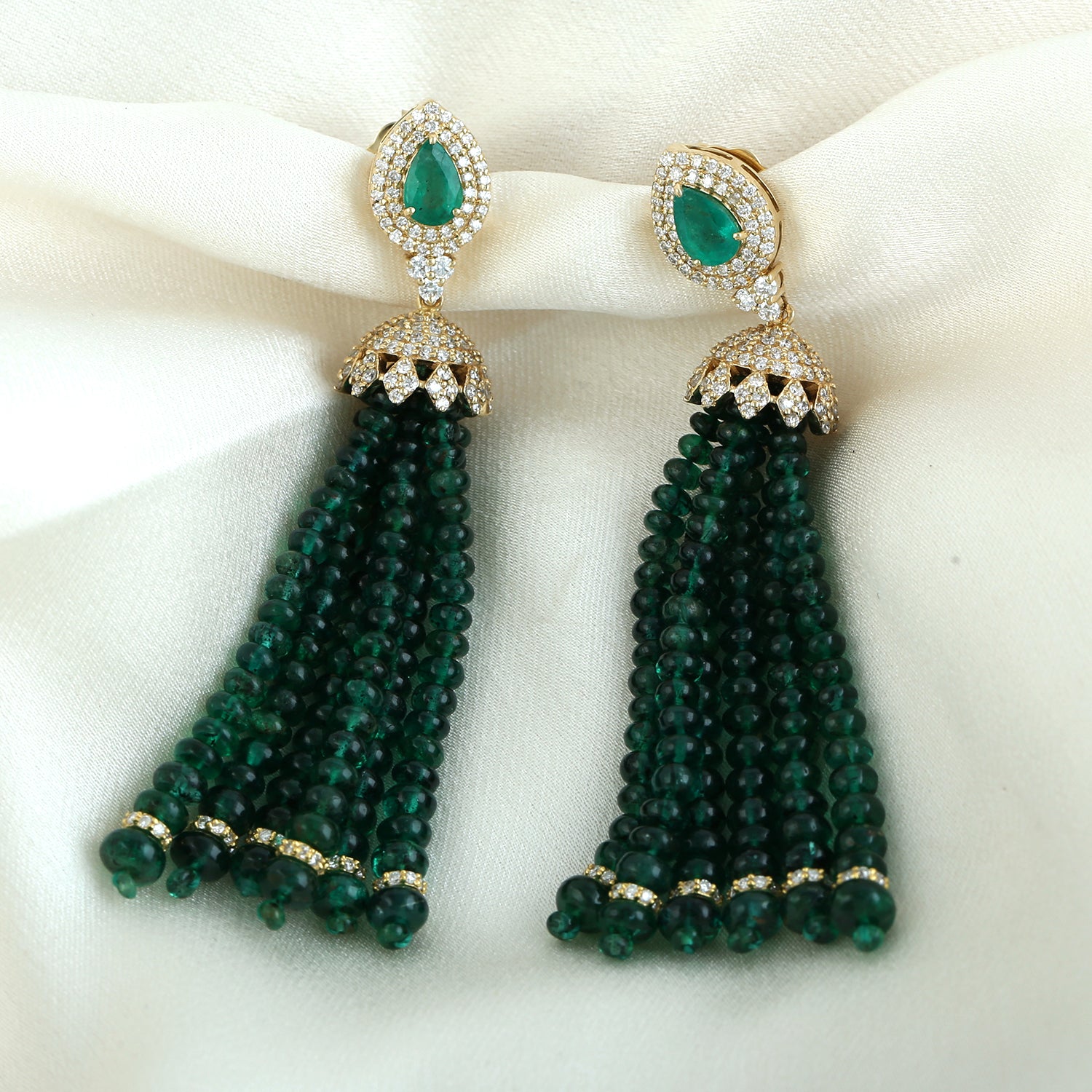 18K Yellow Gold Emerald Beads Pave Diamond Tassel Earrings for Women | Elegant Dangle Drop Earrings for Parties, Weddings & Special Occasions