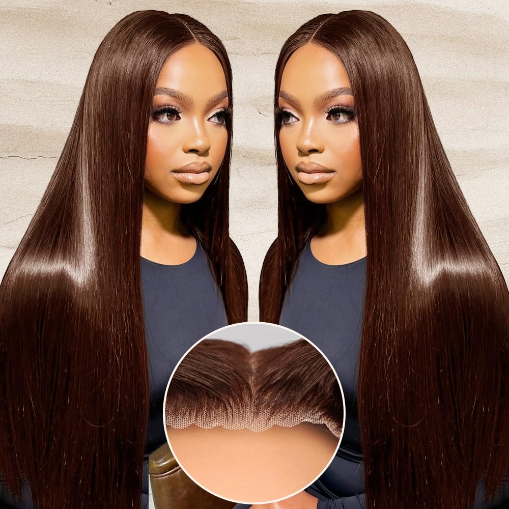 LZGYE Chocolate Brown Lace Front Wig - 7x5 Straight Human Hair Wig with Pre-Plucked Hairline & Bye Bye Knots | Dark Brown #4 Color, 220 Density, 24 Inch | Glueless Lace Closure Wig for Women | Perfect for Daily Wear, Parties & Cosplay