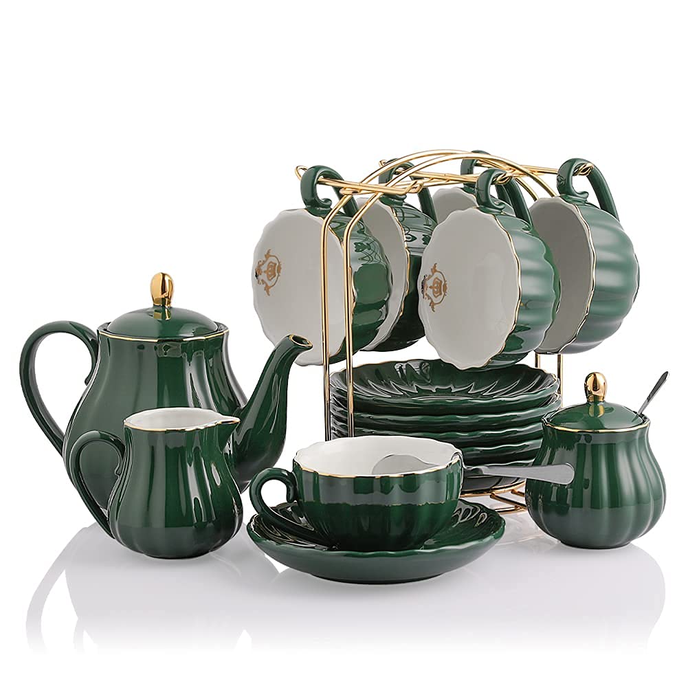 SWEEJAR British Royal Porcelain Tea Set - 8 OZ Cups, Saucers, Teapot, Sugar Bowl, Cream Pitcher with Teaspoons & Tea Strainer + 3-Tier Ceramic Cake Stand | Elegant Afternoon Tea, Wedding & Party Serving Set for Royal Tea Parties, Bridal Showers & Special Occasions