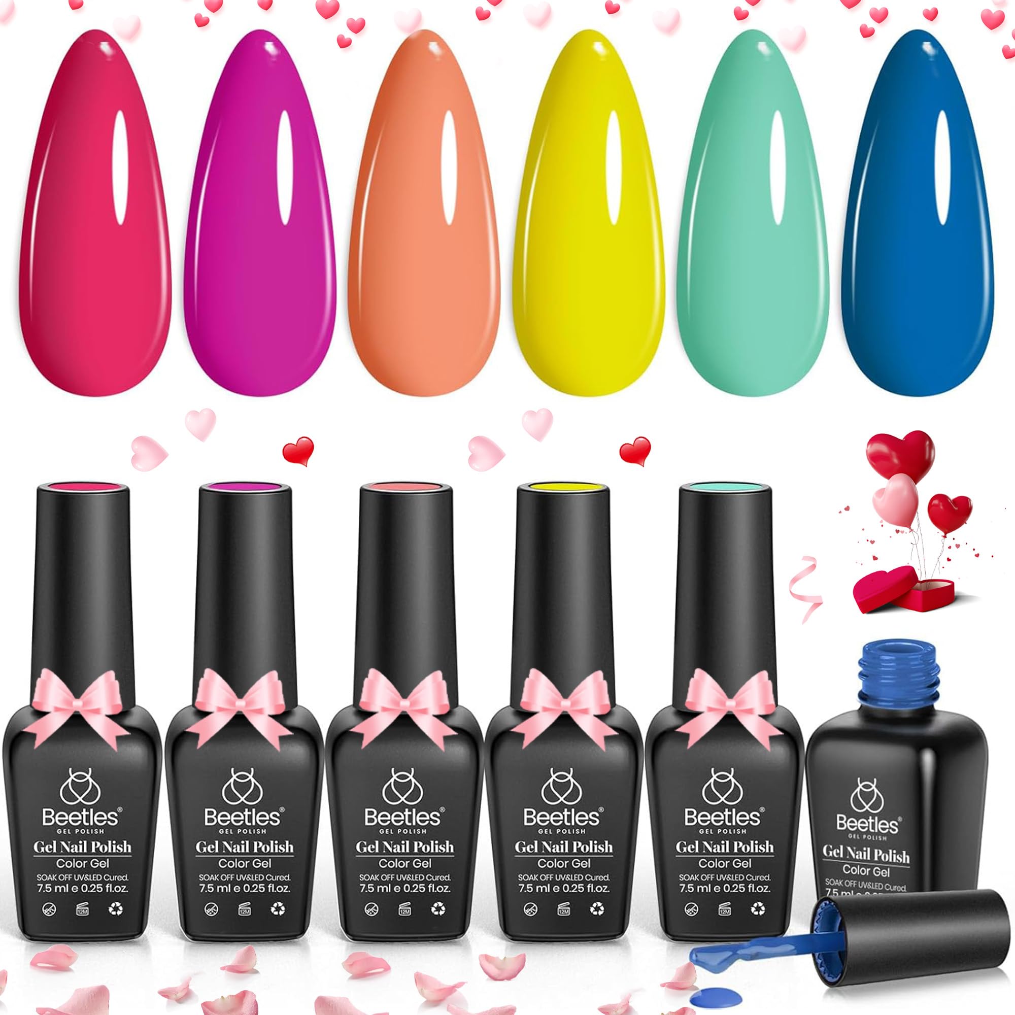 Beetles Gel Nail Polish Set - 6 Vibrant Neon Colors (Orange, Blue, Pink, Green) for UV/LED Soak Off Manicure | DIY Nail Art Kit for Women | Perfect for Pool Parties, Holidays & Summer Nail Designs