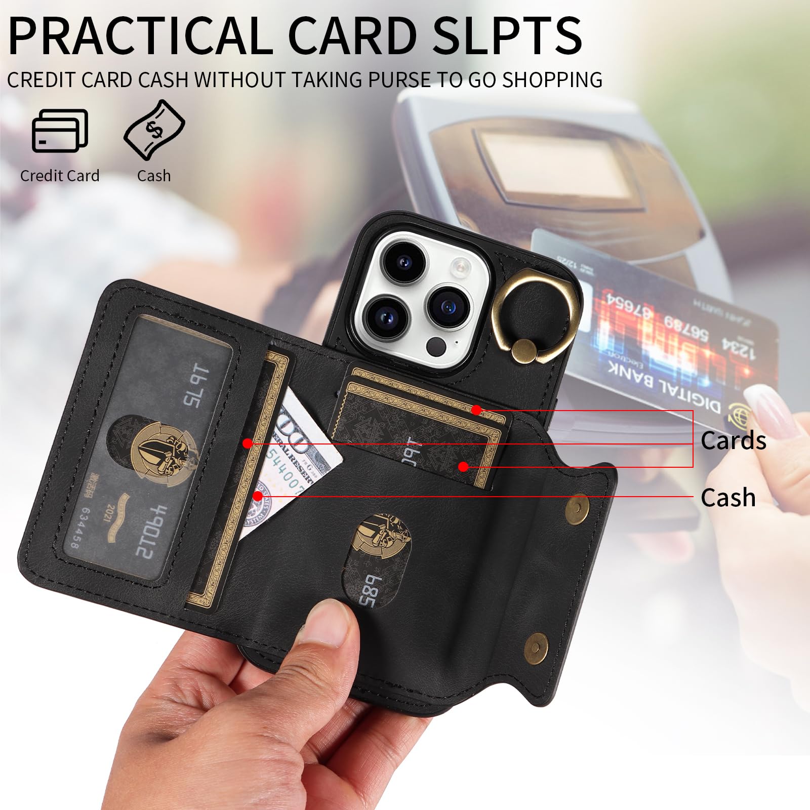Premium PU Leather Wallet Case for iPhone 14 Pro - Magnetic Flip Cover with Card Holder & 360° Rotating Ring Stand | Shockproof Protective Phone Case for Men & Women | Perfect for Work, Travel & Daily Use (Black)
