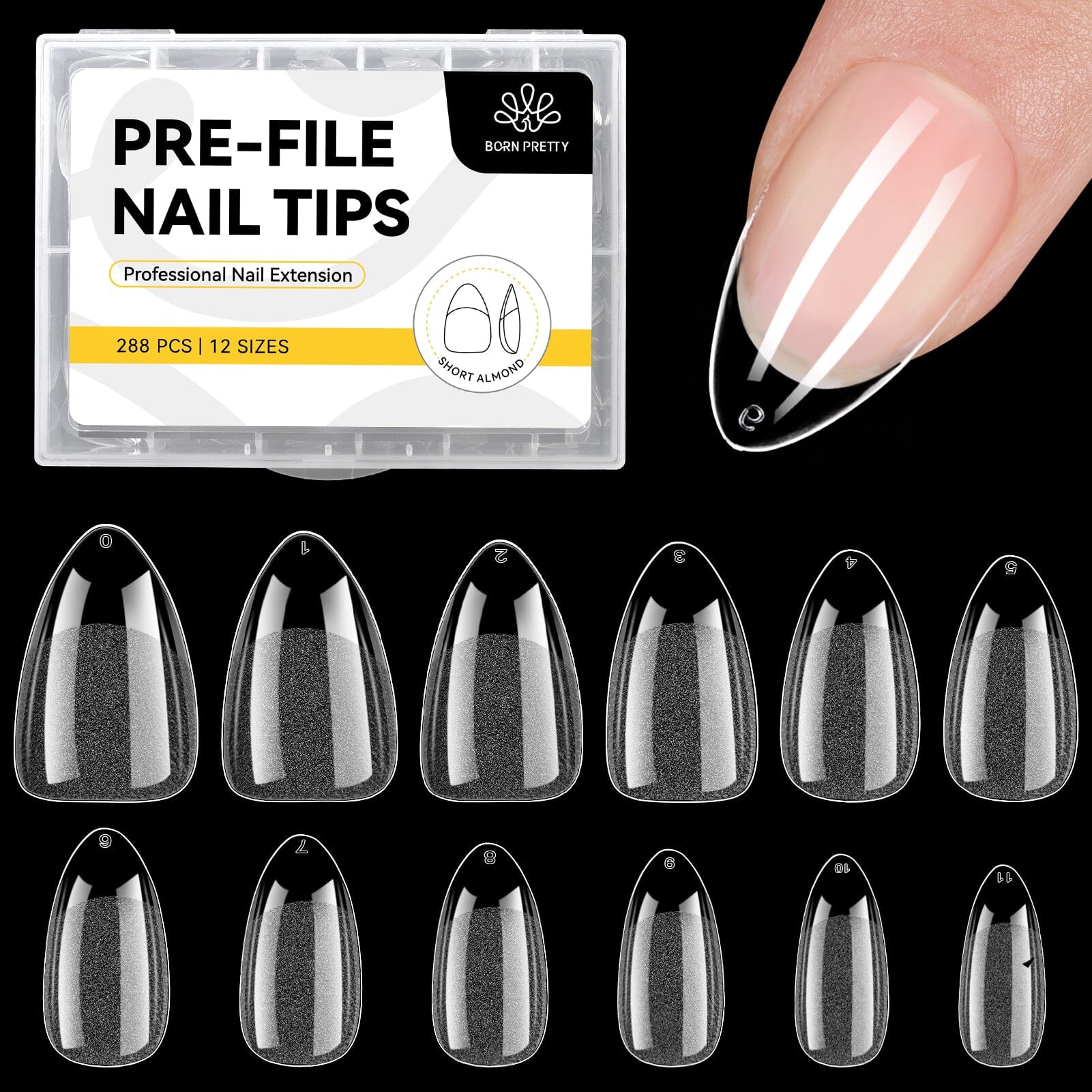288pcs Short Almond Pre-Filed Nail Tips - 12 Sizes for Natural Look & Easy Application - Perfect for DIY Manicures, Salon Use & Nail Art Designs