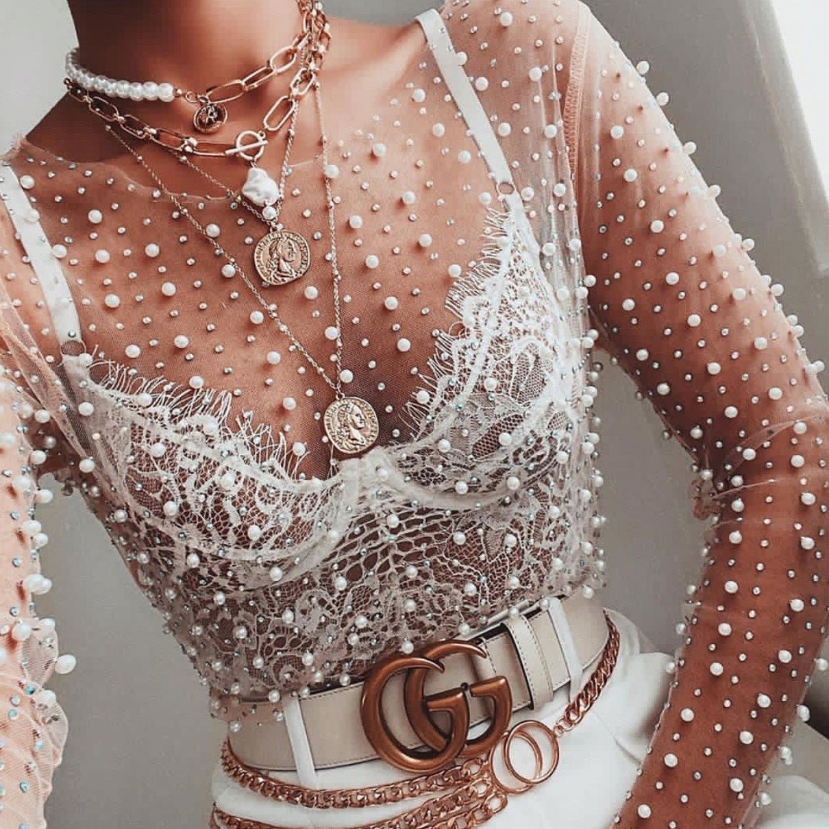 Sexy Sheer Lace Long Sleeve Top with Beaded Details - Elegant Mesh Blouse for Women | Perfect for Date Nights, Parties & Special Occasions
