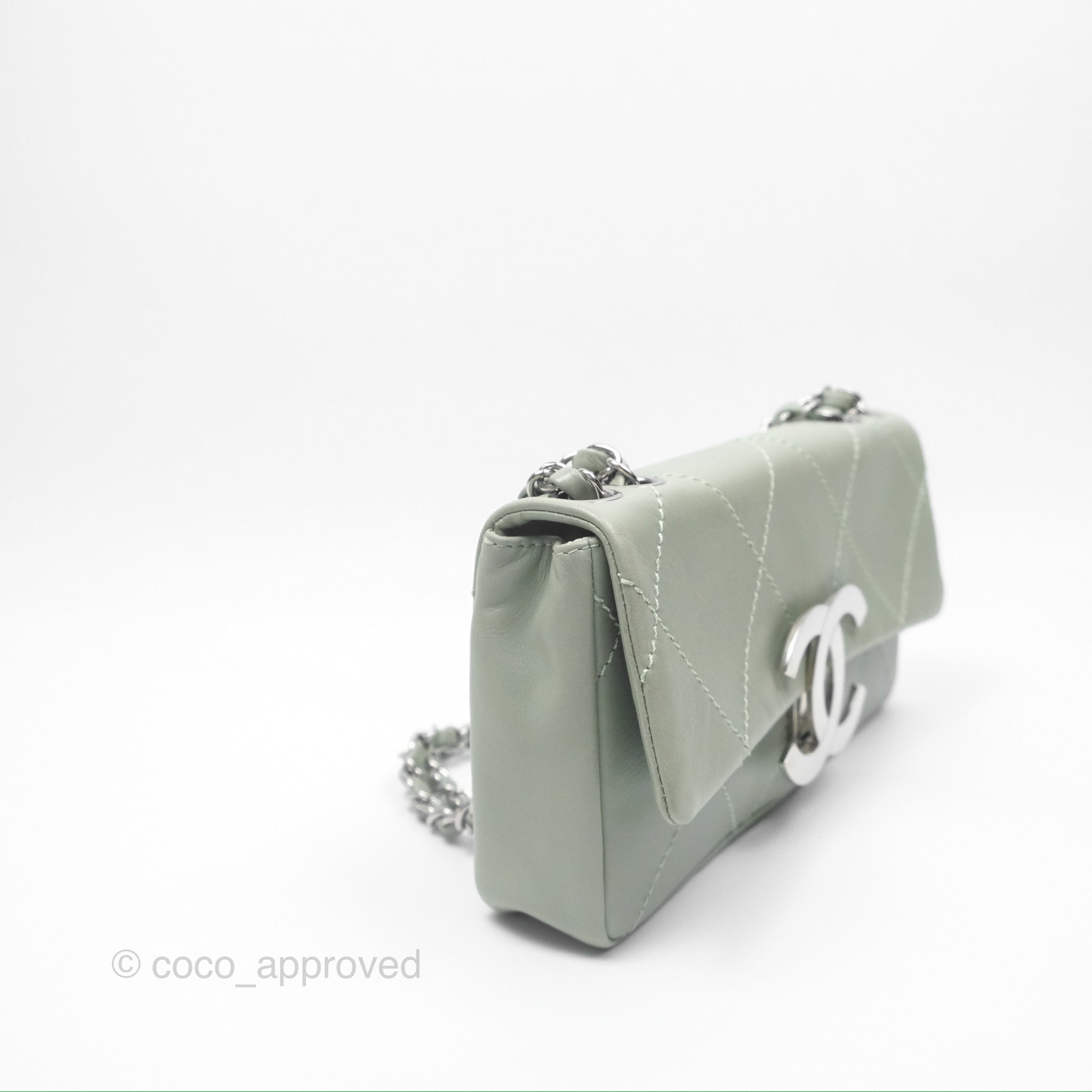Chanel CC East West Flap Bag Genuine Lambskin Leather Mint Green with Silver Hardware - Luxury Crossbody Purse for Women, Perfect for Date Night & Special Occasions