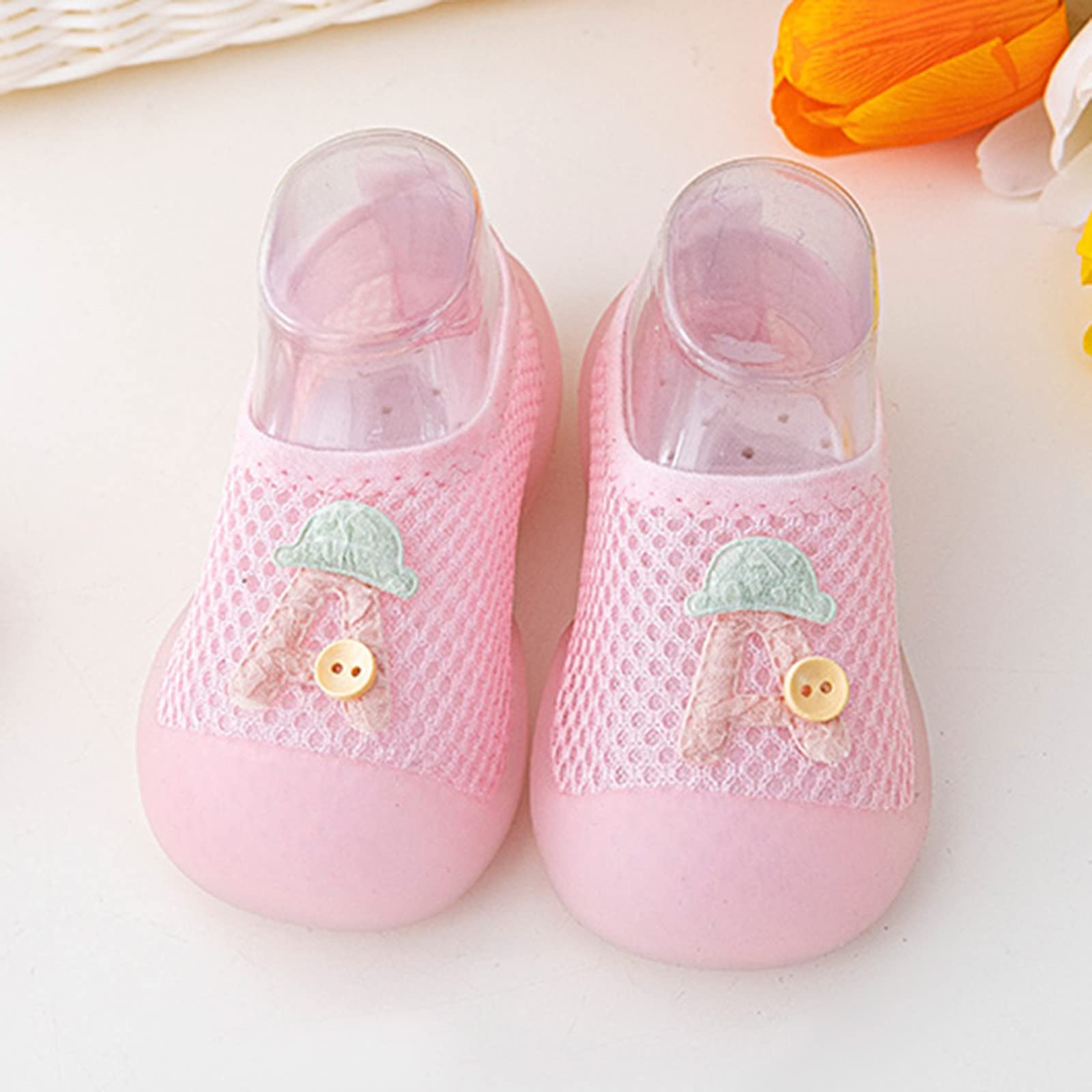 **Non-Slip Baby Toddler Shoes – Breathable Mesh Animal Print Cartoon Socks for Boys & Girls (12-18 Months, Pink) – Soft Prewalker Shoes for Indoor Play & First Steps**