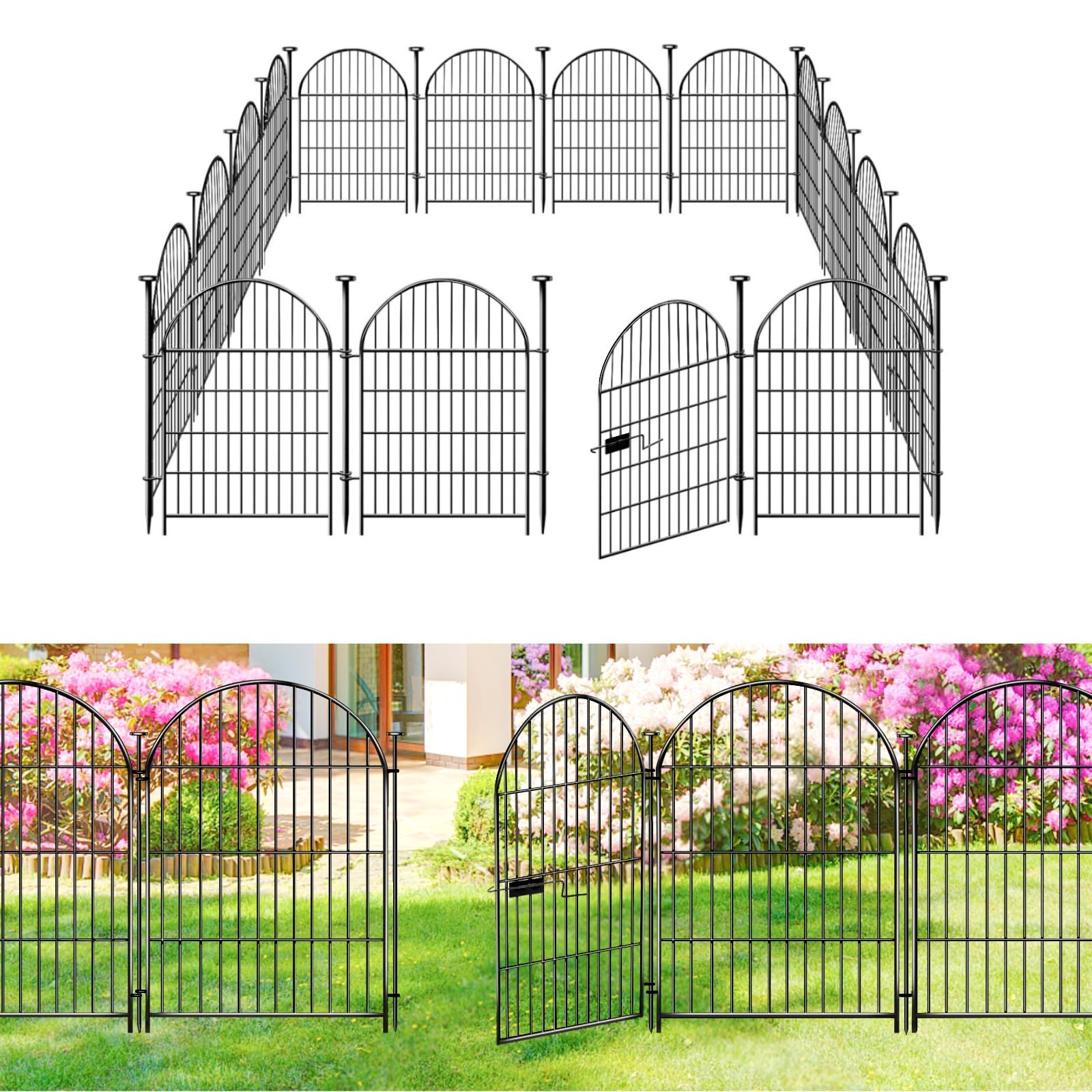 ADAVIN 36 Inch Tall x 30.6 Ft Long Rustproof Metal Garden Fence with Gate - 14 Panel No Dig Pet Barrier for Dogs, Rabbits & Small Animals | Outdoor Yard Fencing, Flower Bed Edging & Garden Border Protection (Black)