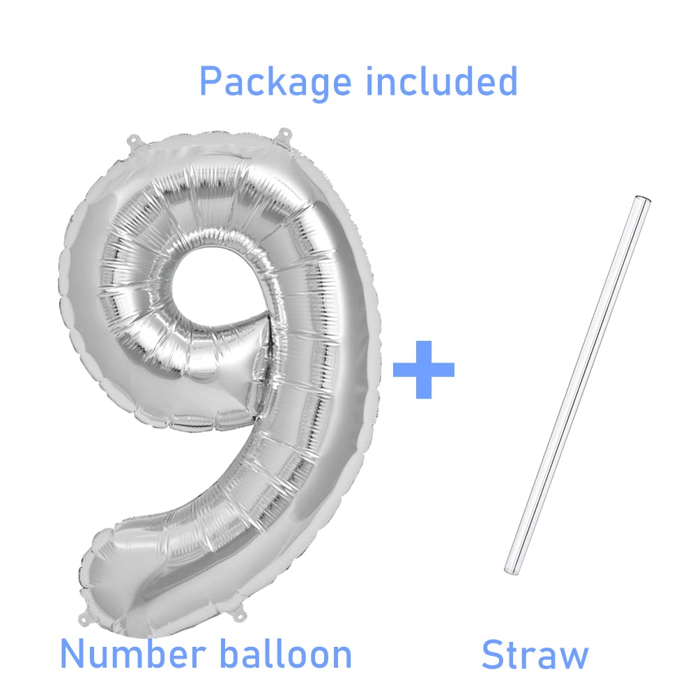 42 Inch Silver Foil Number 9 Balloons for Birthday Parties, Anniversaries & Special Events - Large Metallic Decoration