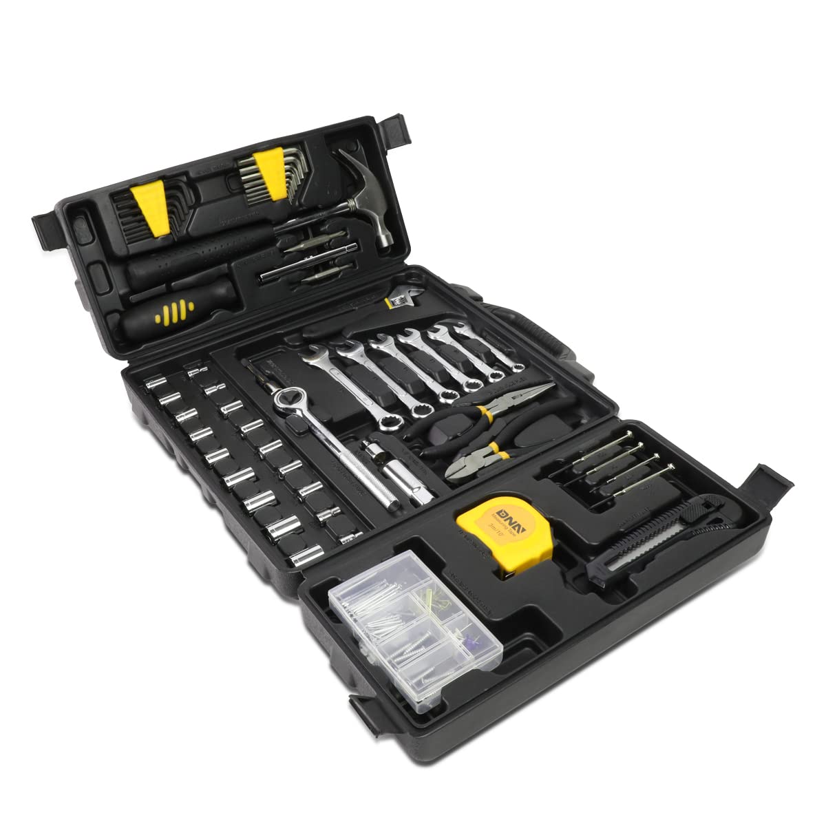 DNA Motoring TOOLS-00024 160-Piece Mechanic's Tool Set with Socket, Hex Key, Screwdriver & Ratchet - Complete Yellow Tool Kit for Auto Repair, Home Improvement & DIY Projects
