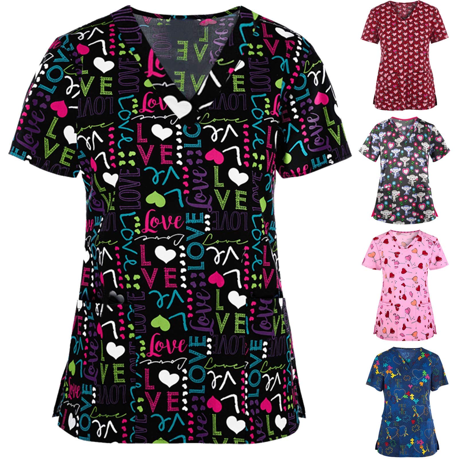 Women's Short Sleeve V-Neck Scrub Top with Pockets - Cute Print Nursing Uniform & Medical Shirt for Healthcare Professionals | Perfect for Nurses, Doctors, and Medical Students in Hospitals & Clinics