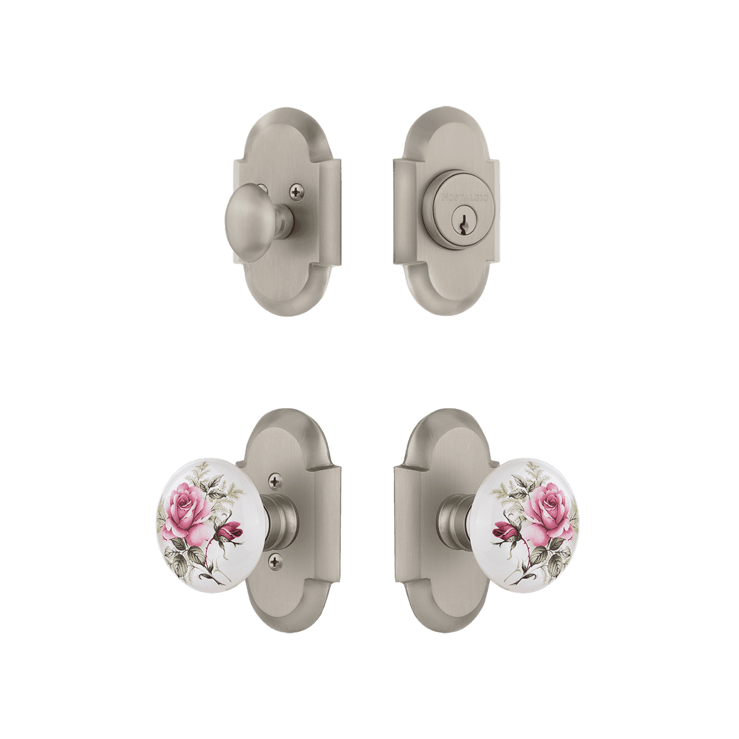 Vintage Style Cottage Entry Door Set with White Rose Porcelain Knob in Satin Nickel Finish - Perfect for Farmhouse, Victorian, and Traditional Home Decor