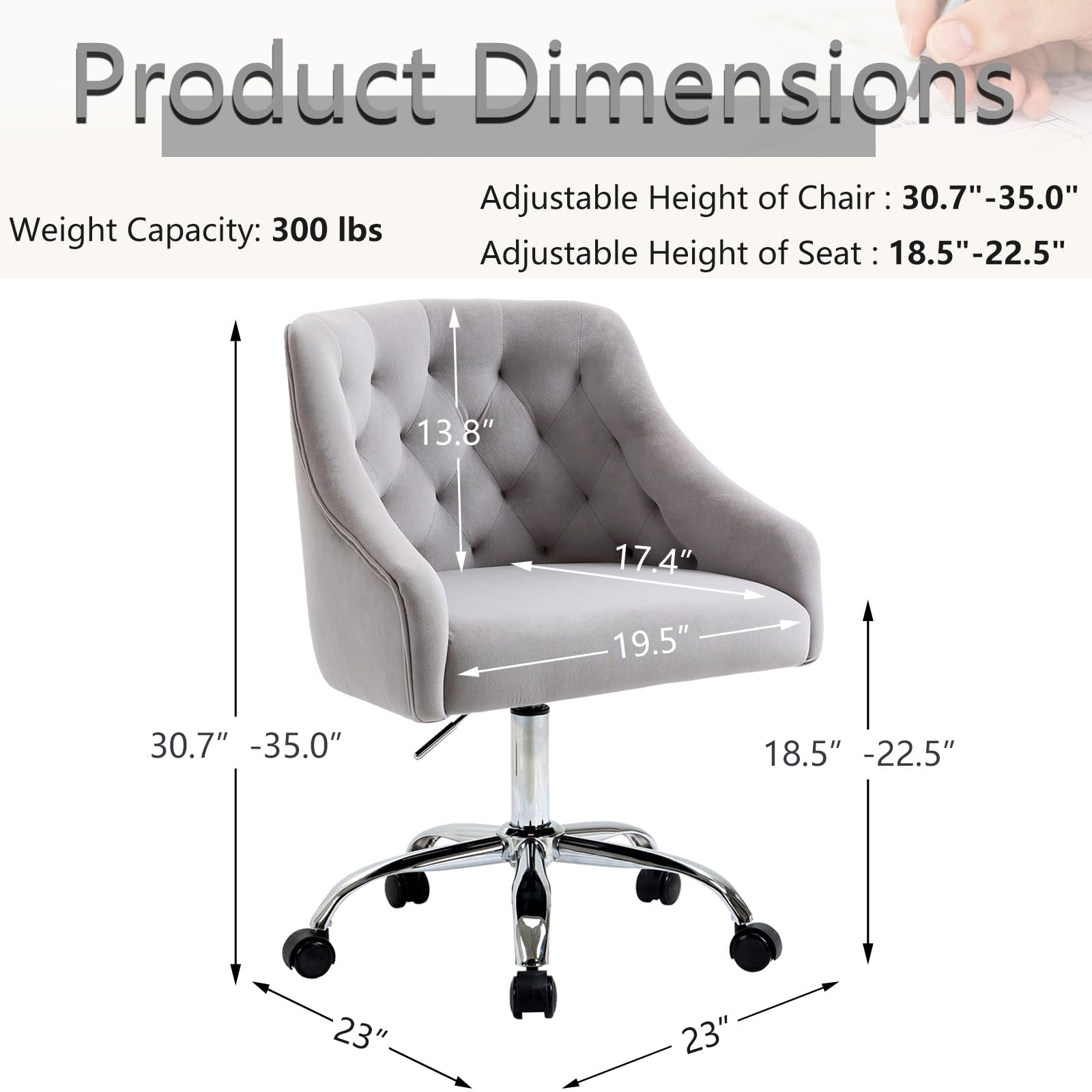 MOJAY Velvet Office Swivel Vanity Chair - Adjustable Height 360° Rotating Fabric Desk Chair with Gold Base for Women, Reception & Home Office (Grey) - Perfect for Makeup Vanity, Dressing Table & Workstation