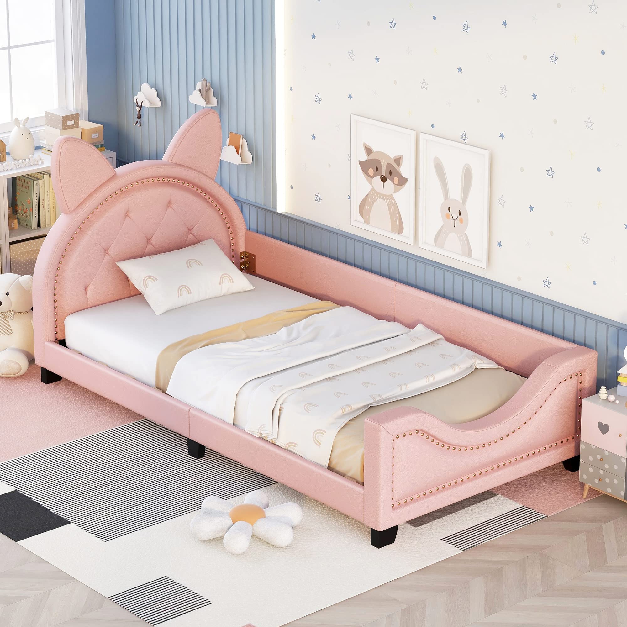 Twin Size Cartoon Elements Upholstered Daybed with Bunny/Cat Ears Headboard - Pine Wood Sofa Bed Frame for Kids Bedroom (Pink) | Perfect for Small Spaces, Sleepovers & Playroom Decor