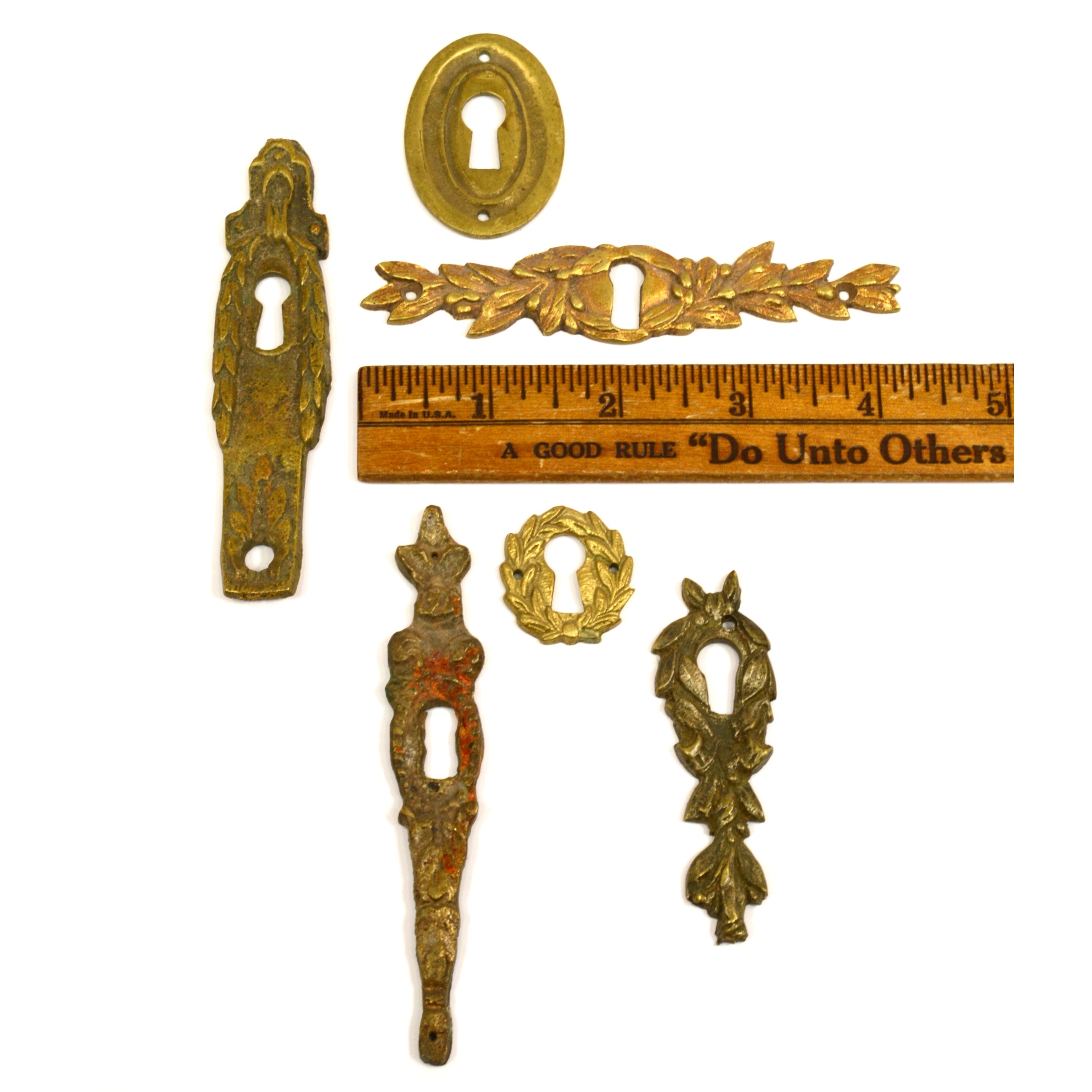 Vintage Brass & Bronze Escutcheon Set of 6 - Vertical & Horizontal Keyhole Covers - Antique Door Hardware for Restoration & Home Decor
