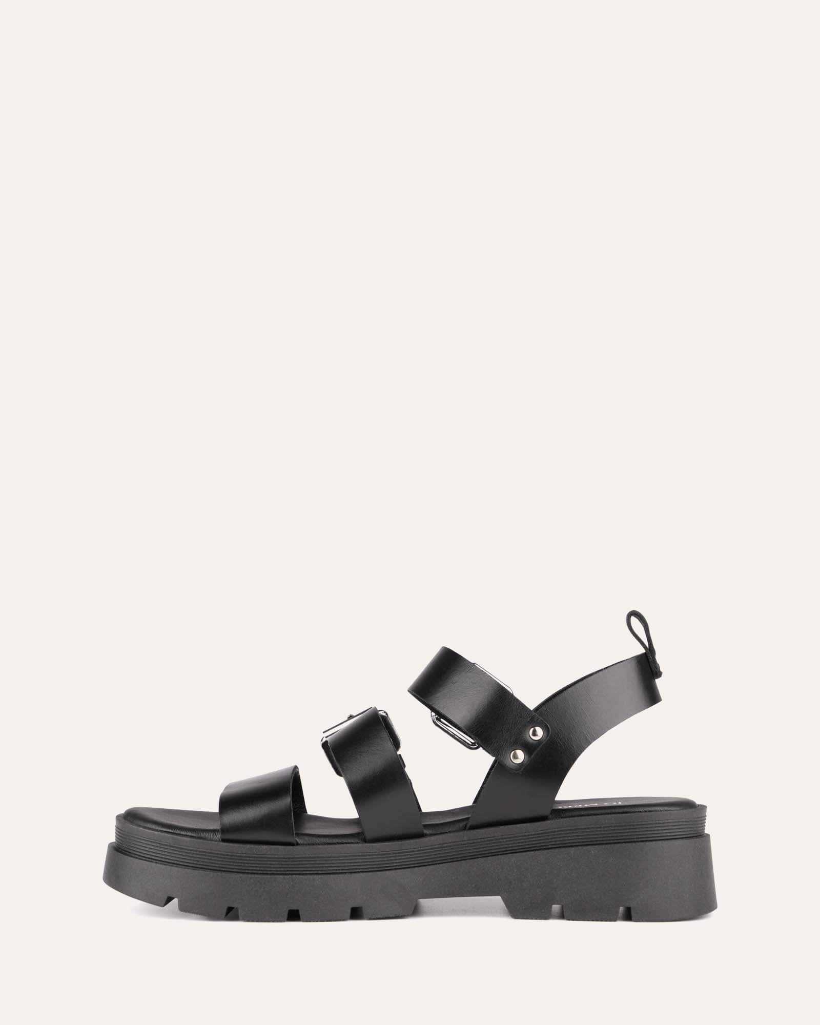 GIA Flat Sandals for Women - Black Leather Comfortable Summer Sandals - Casual Walking Shoes for Beach, Travel & Everyday Wear