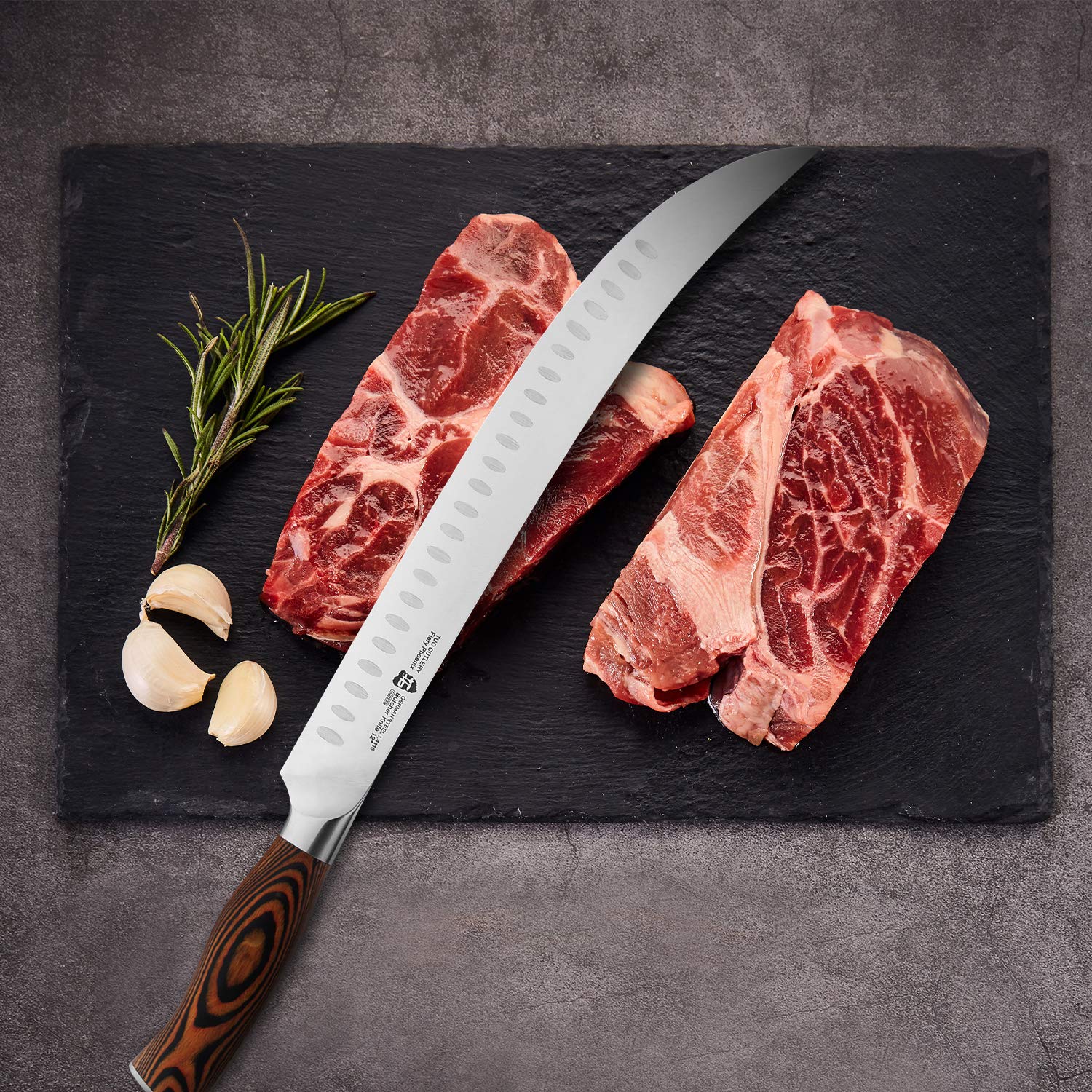 TUO 12-Inch Butcher Knife - German High Carbon Steel with Granton Edge for Effortless Meat Slicing - Curved Blade for Breaking, Carving & Chopping - Ergonomic Pakkawood Handle - Includes Gift Box (Perfect for BBQ, Butcher Shops & Home Kitchen Use)