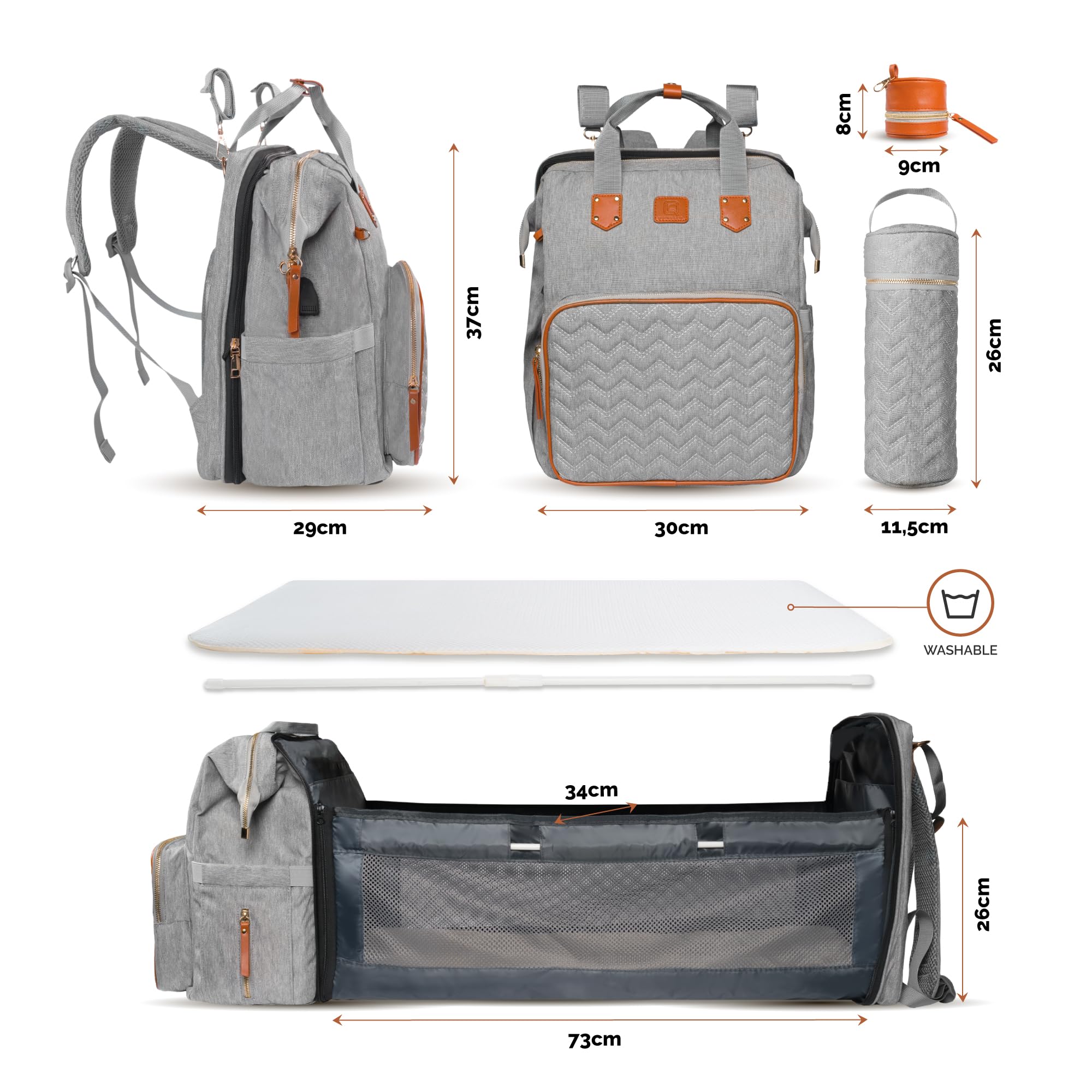 QUINO&CO Baby Diaper Backpack with Changing Station - Large Capacity Waterproof Diaper Bag for Boys & Girls | USB Charging Port & Stroller Straps | Perfect Baby Shower Gift & Travel Essential for Moms & Dads | Ideal for Daycare, Outings, and Family Trips