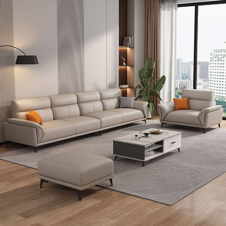 Modern Dove Grey Scratch-Resistant Solid Color Cow Leather Upholstered 4-Seater Sofa with 2 Pillows - Perfect for Living Room, Lounge, and Office Spaces