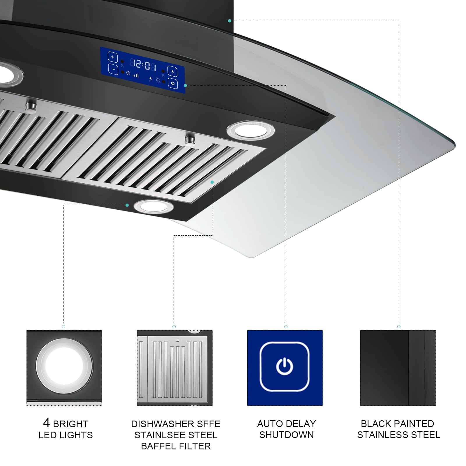 36 Inch 700CFM Black Stainless Steel Island Range Hood - Gesture & Touch Control, Ducted/Ductless Convertible, 4 LED Lights - Perfect for Modern Kitchens & Open-Concept Homes