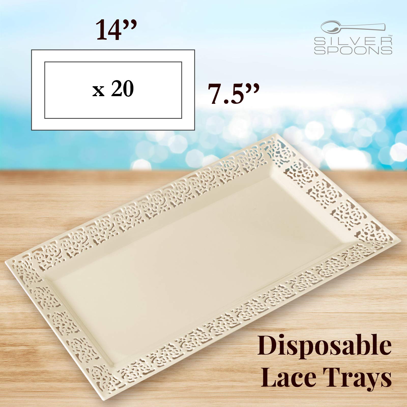 Elegant Lace Plastic Serving Trays Set of 6 - 14” x 7.5” Disposable Party Platters for Snacks, Desserts, Sweets - Ivory - Perfect for Weddings, Baby Showers, Bridal Showers & Birthday Celebrations