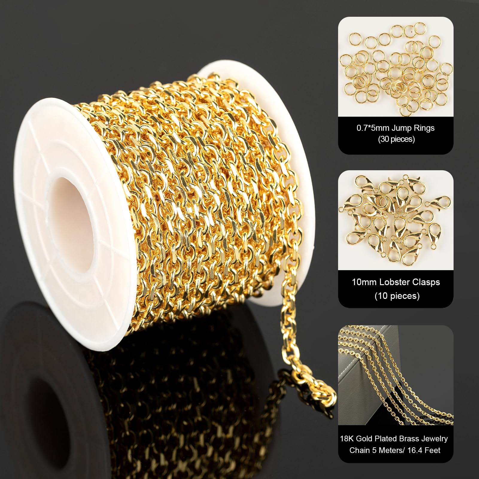 YOUBEIYEE 18K Gold Plated 5M Bulk Jewelry Chains - Diamond Cut Cable Chain Necklace for Men & Women | DIY Crafting, Layering, Gift Giving