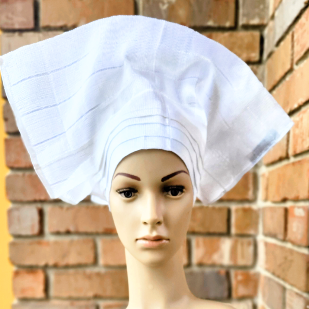 Dupsie's Girls' White Pre-Tied Layered Aso Oke Head Wrap - Perfect for Weddings, Parties & Cultural Celebrations