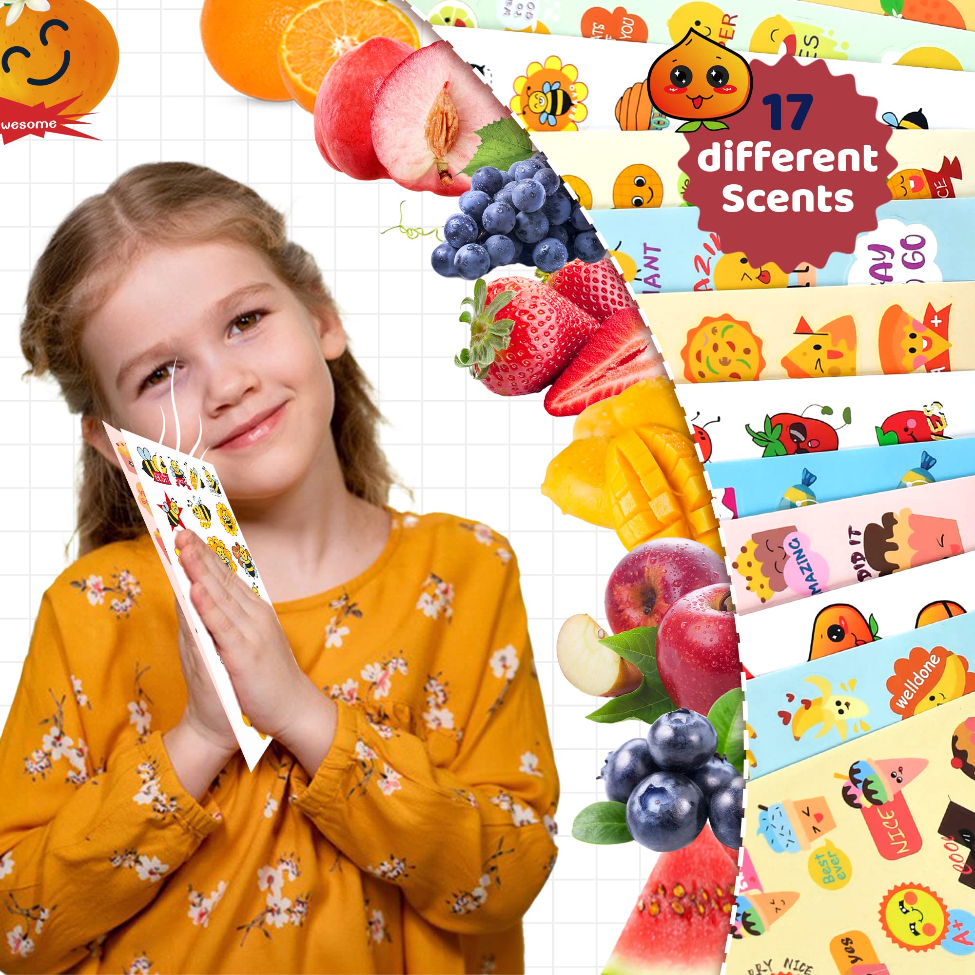 HORIECHALY Scratch and Sniff Stickers for Kids - 85 Sheets with 17 Fun Scents, 1600+ Scented Stickers Featuring Cute Food & Fruit Designs - Perfect for Classroom Rewards, Party Favors & Sensory Play