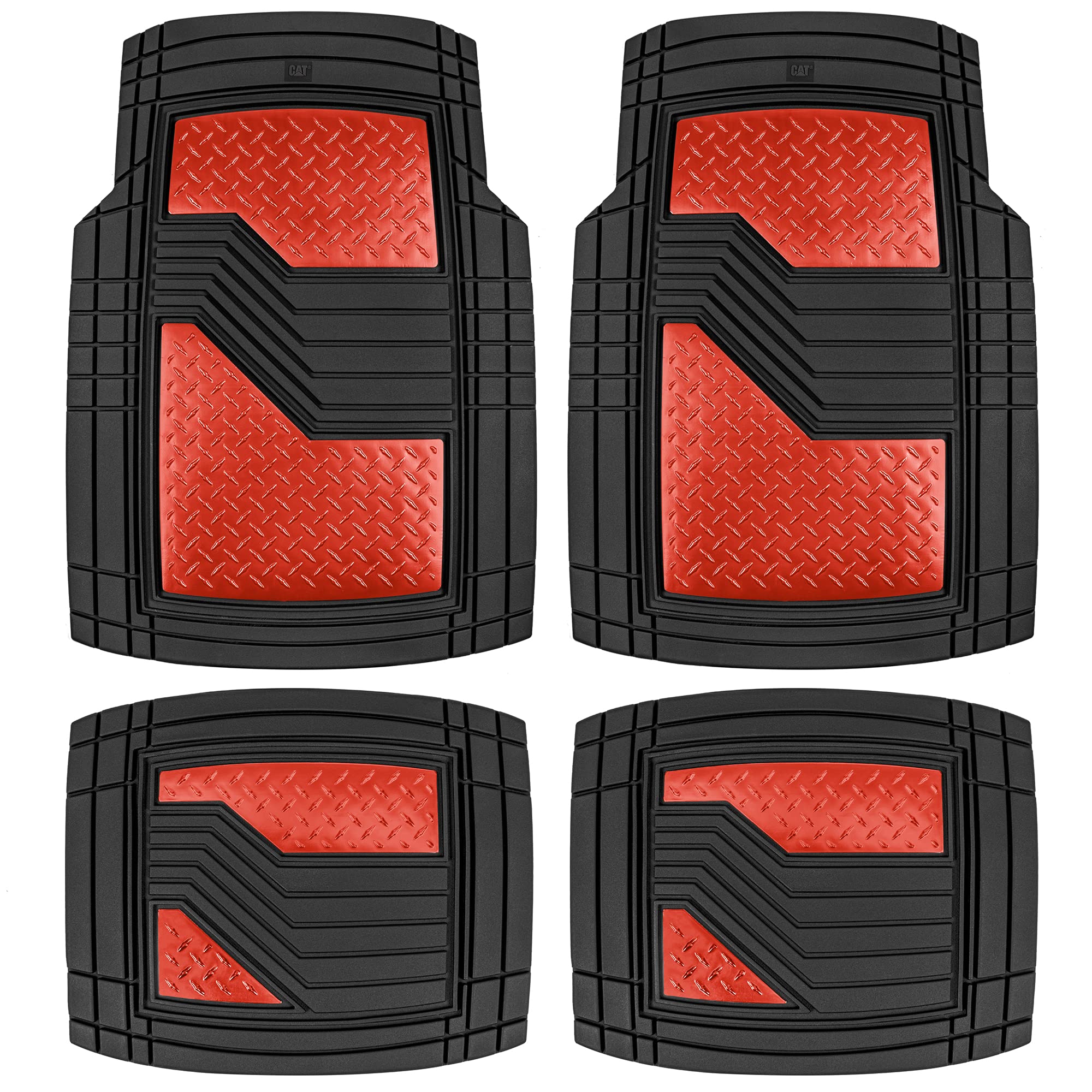 CAT DiamondShield All-Weather Rubber Floor Mats for Cars, Trucks & SUVs - Heavy Duty Front & Rear Set with Anti-Slip Backing & Heel Pad - Universal Fit Trim-to-Fit Design (Red) - Perfect for Road Trips, Off-Road Adventures & Daily Commutes