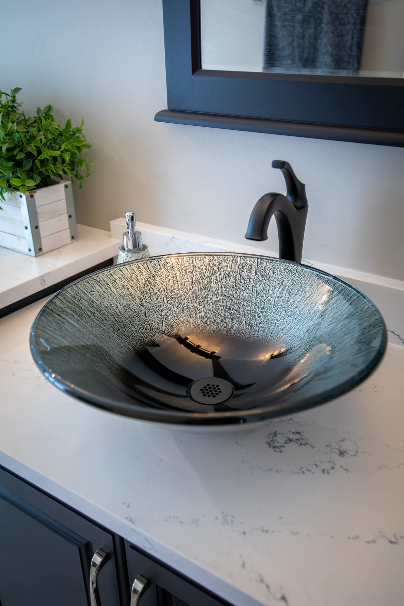 Silver Streams Black Glass Vessel Bathroom Sink - Modern Round Above Counter Basin for Vanity, Powder Room & Luxury Home Decor