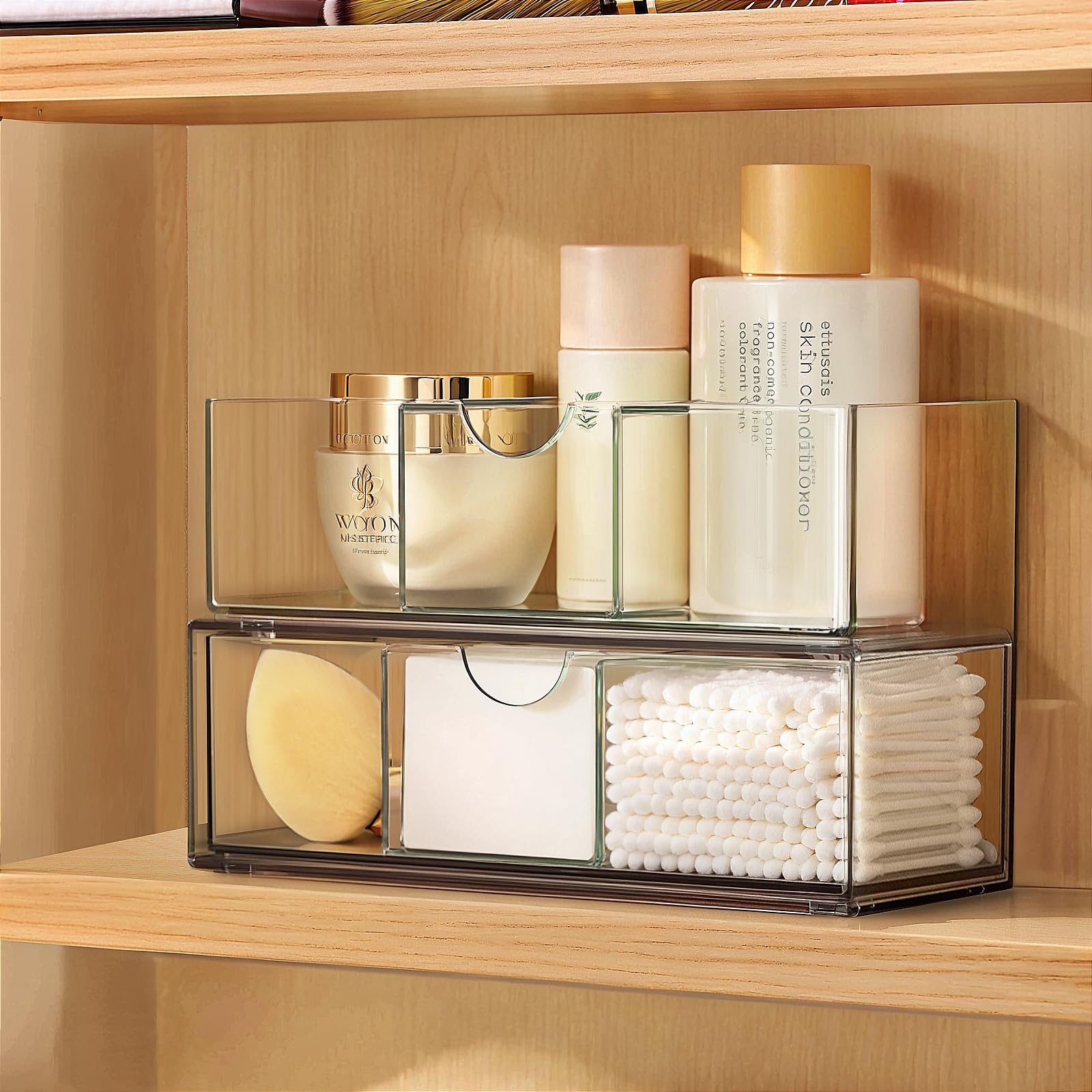 2-Pack Clear Stackable Medicine Cabinet Organizer with Removable Dividers - Bathroom Mirror Storage, Vanity Makeup Drawers, Closet & Countertop Organization for Cosmetics, Toiletries and Small Essentials
