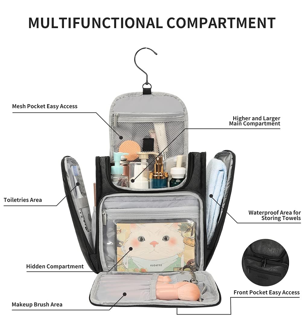 BOOMRICH Large Leather Travel Makeup Bag for Women - Hanging Toiletry Organizer with 360° Hook & Adjustable Shoulder Strap - Fits Full-Sized Cosmetics, Brushes & Toiletries (Black) - Perfect for Vacation, Business Trips & Gym Essentials