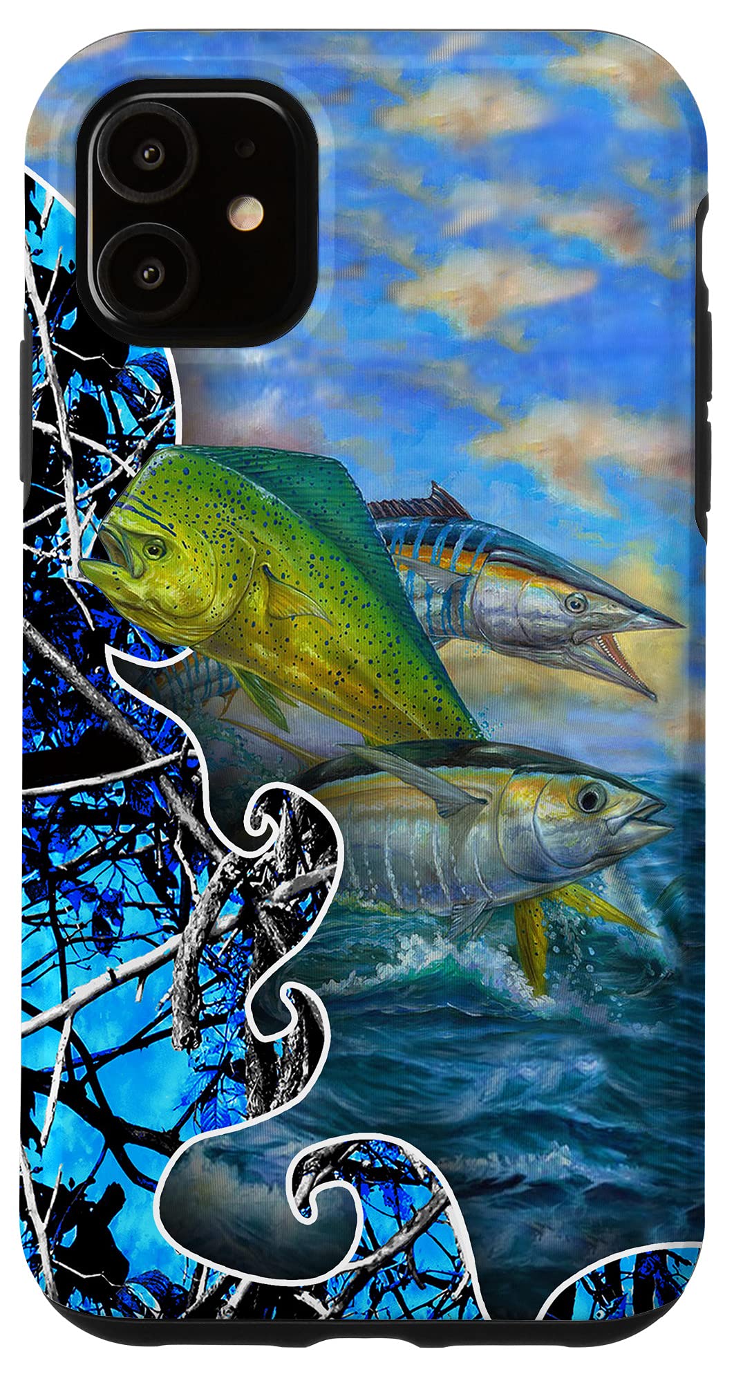 iPhone 11 Case - Blue Camo Fishing Design with Mahi Wahoo Tuna Art, Personalized Gift for Anglers - Perfect for Fishing Trips, Outdoor Adventures & Tattoo Enthusiasts