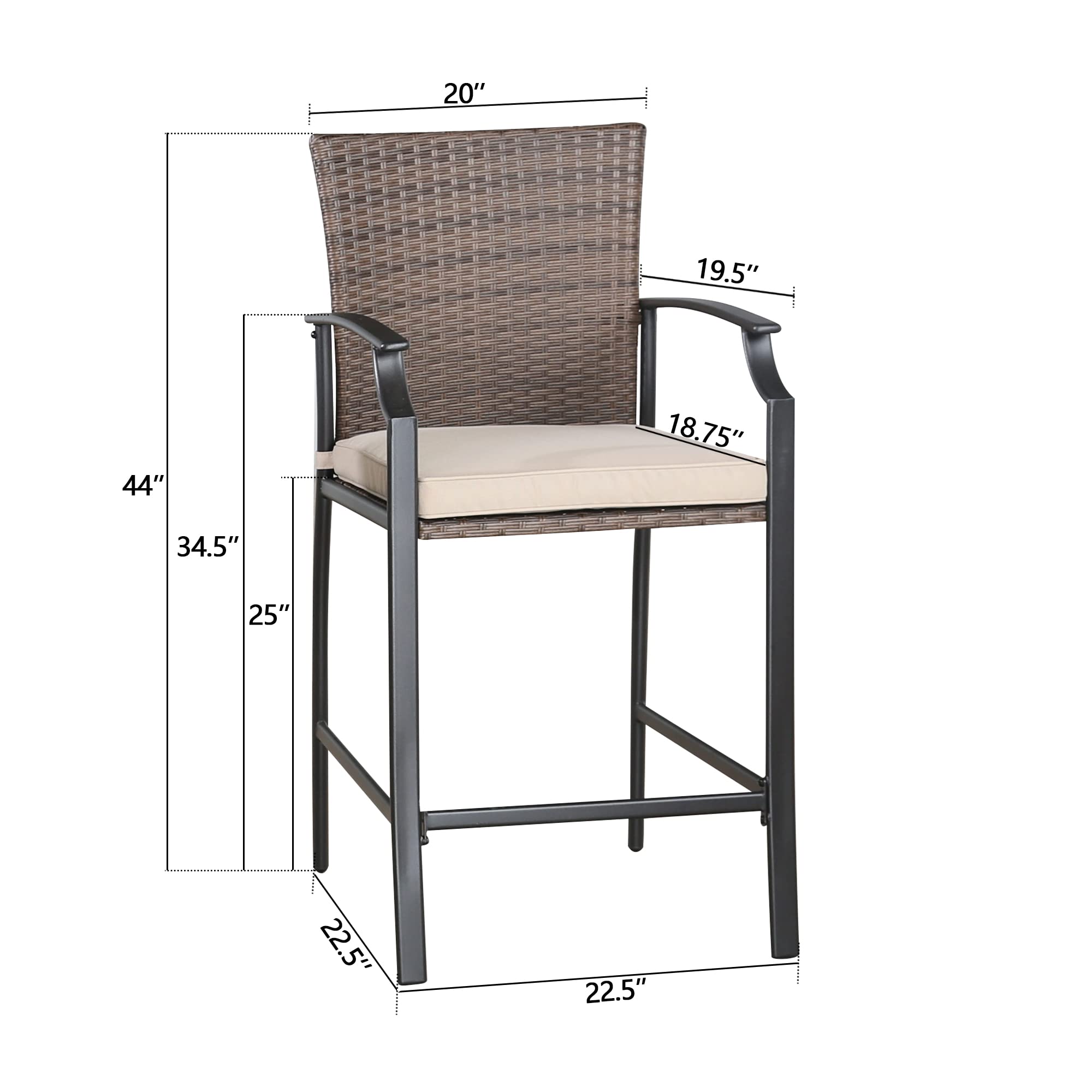 Ulax Furniture Set of 2 Outdoor Wicker Bar Stools - Metal Frame Patio Chairs with Armrests & 100% Olefin Cushions - Perfect for Backyard, Poolside & Outdoor Dining Areas