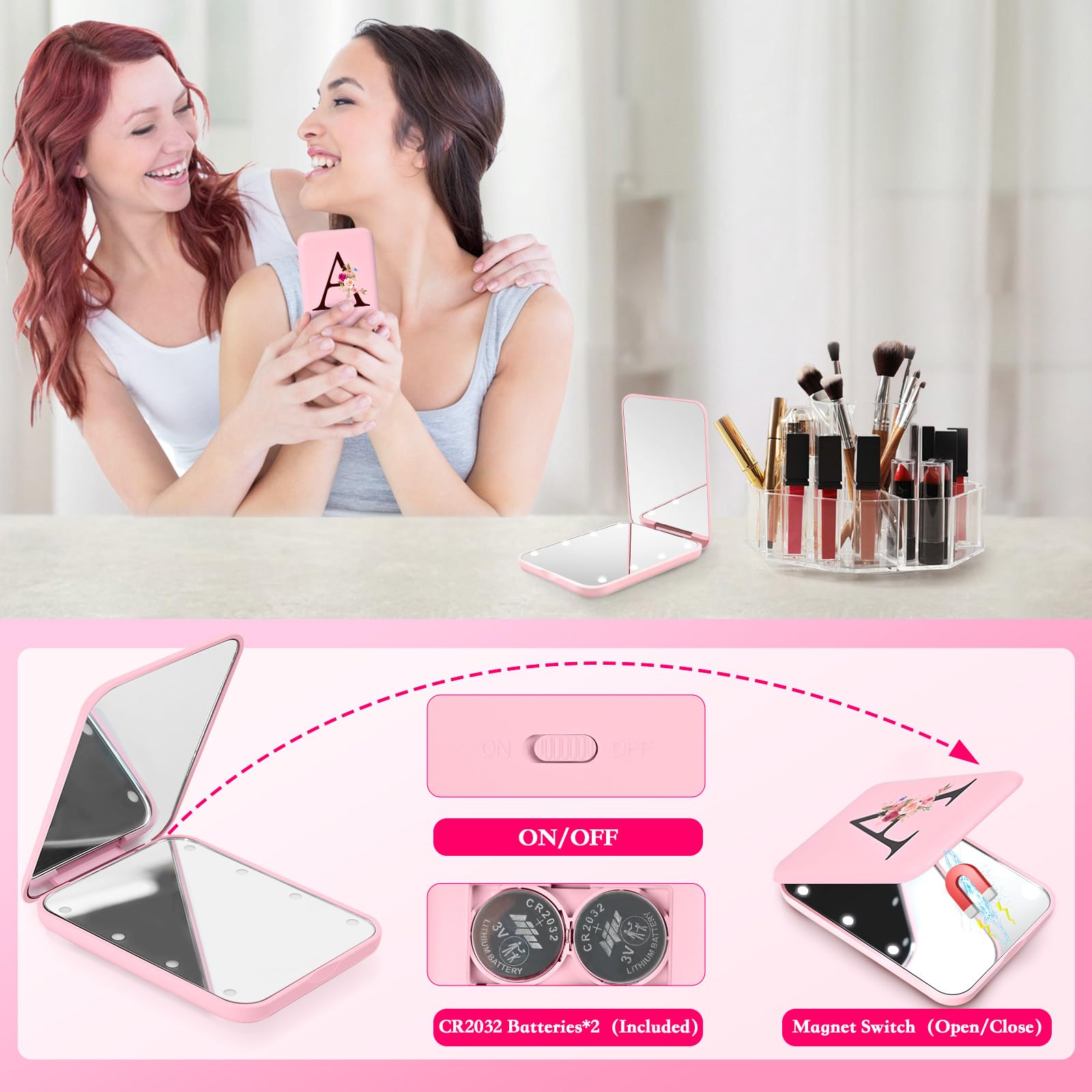 LED Travel Mirror with Lights - Personalized Initials, Portable Compact Makeup Mirror for Women & Teen Girls - Perfect for Travel, Birthday Gifts & School Essentials | Dorm Room, Makeup Vanity & On-the-Go Use