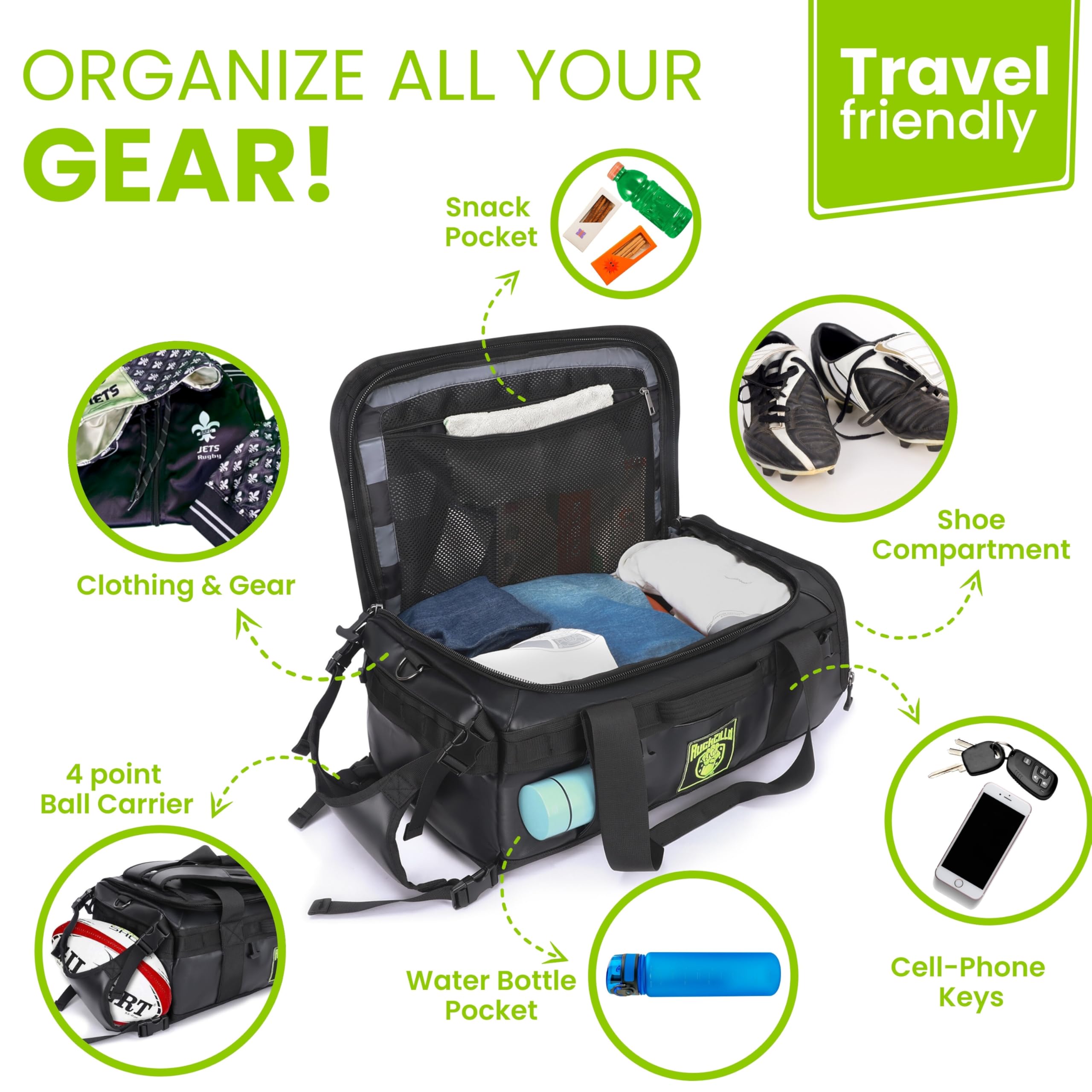 **32L Rugby Duffel Bag - Water-Resistant, 3-Way Carry, Adjustable Ball Carrier & Laptop Compartment - Durable Sports & Travel Backpack for Men (Black) - Perfect for Rugby, Gym, and Weekend Getaways**