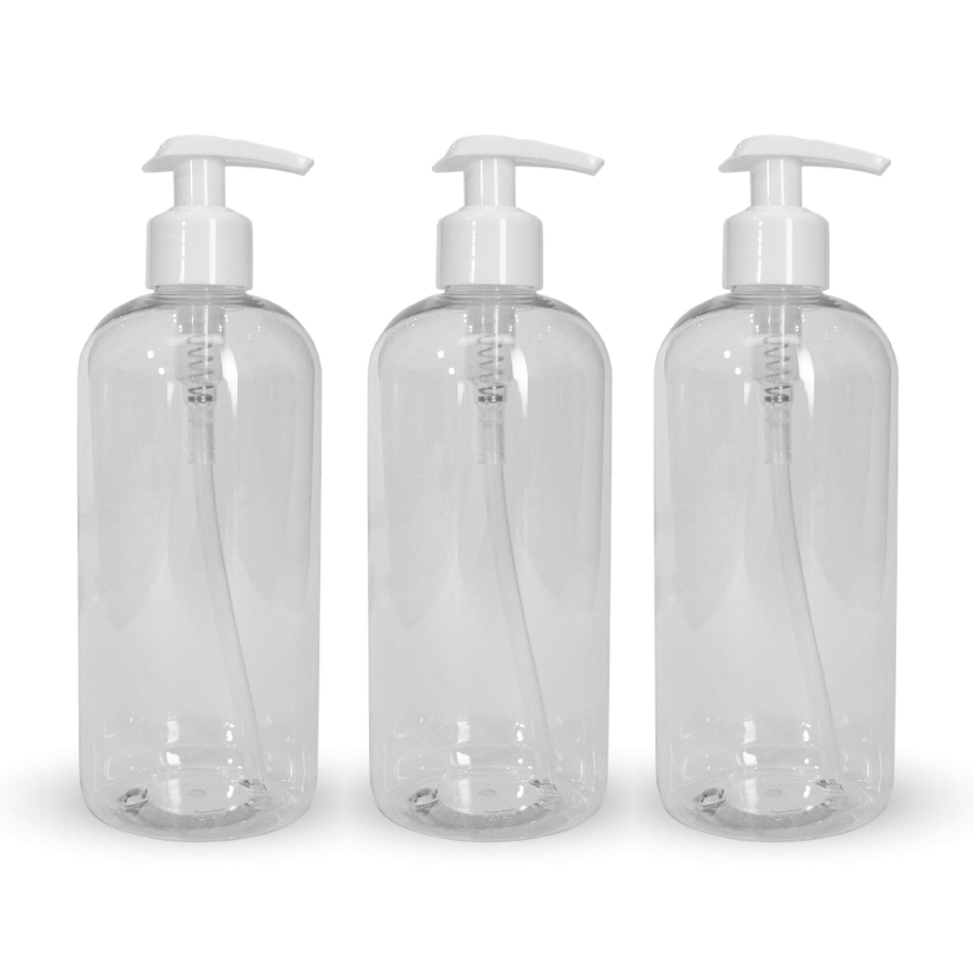 UHI Cosmetics 16 Oz Empty Boston Round Clear PET Bottle with Pump - Reusable Dispensing Bottle for Hand Sanitizer, Lotion, Shampoo, Conditioner, Cream & Soap (600 Case) | Perfect for Home, Salon & Travel Use