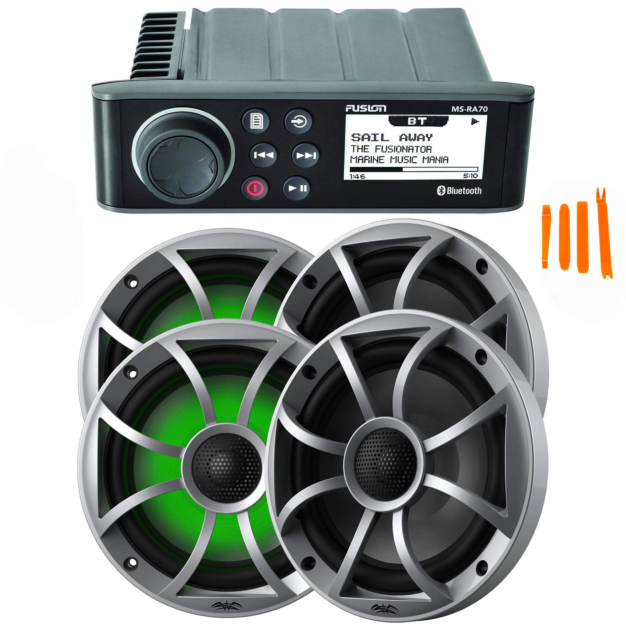 Fusion MS-RA70 Marine Stereo with AM/FM/BT & 2 Pair Wet Sounds Recon 6-S RGB 6.5
