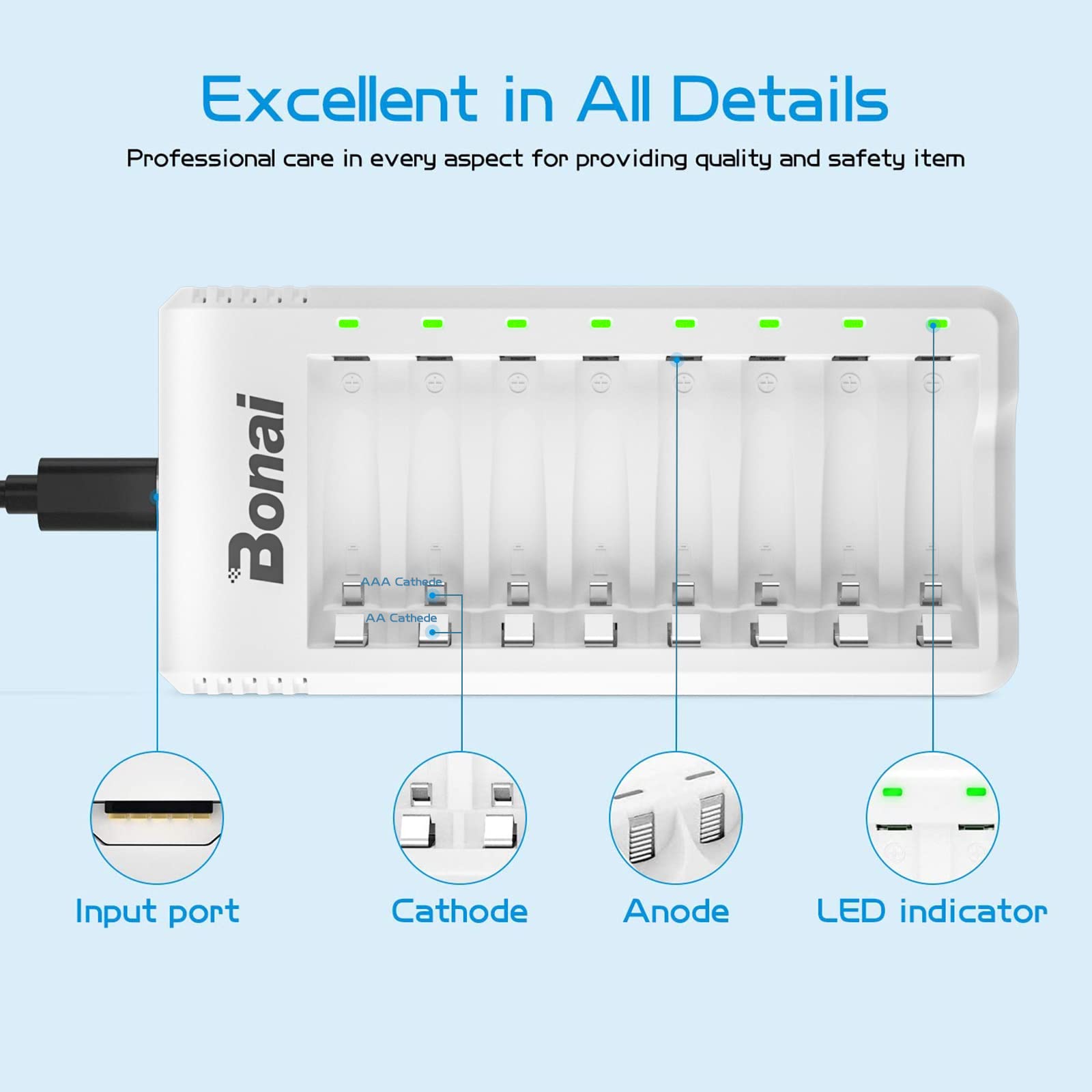 BONAI 8-Slot Smart Fast Battery Charger for AA AAA Ni-MH Ni-CD Rechargeable Batteries - Perfect for Cameras, Toys, and Electronic Devices