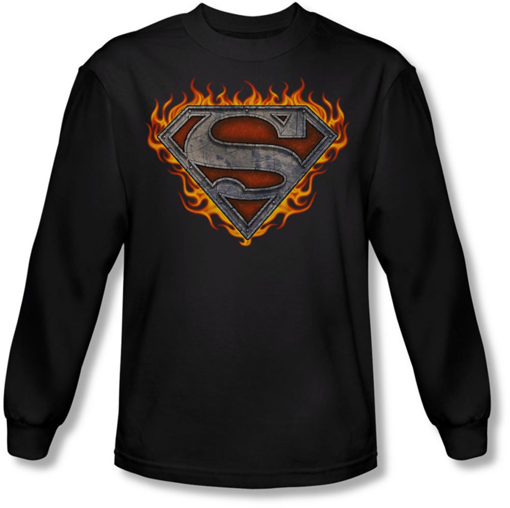 Superman Men's Iron Fire Shield Long Sleeve T-Shirt - Black Superhero Graphic Tee for Cosplay, Halloween & Casual Wear