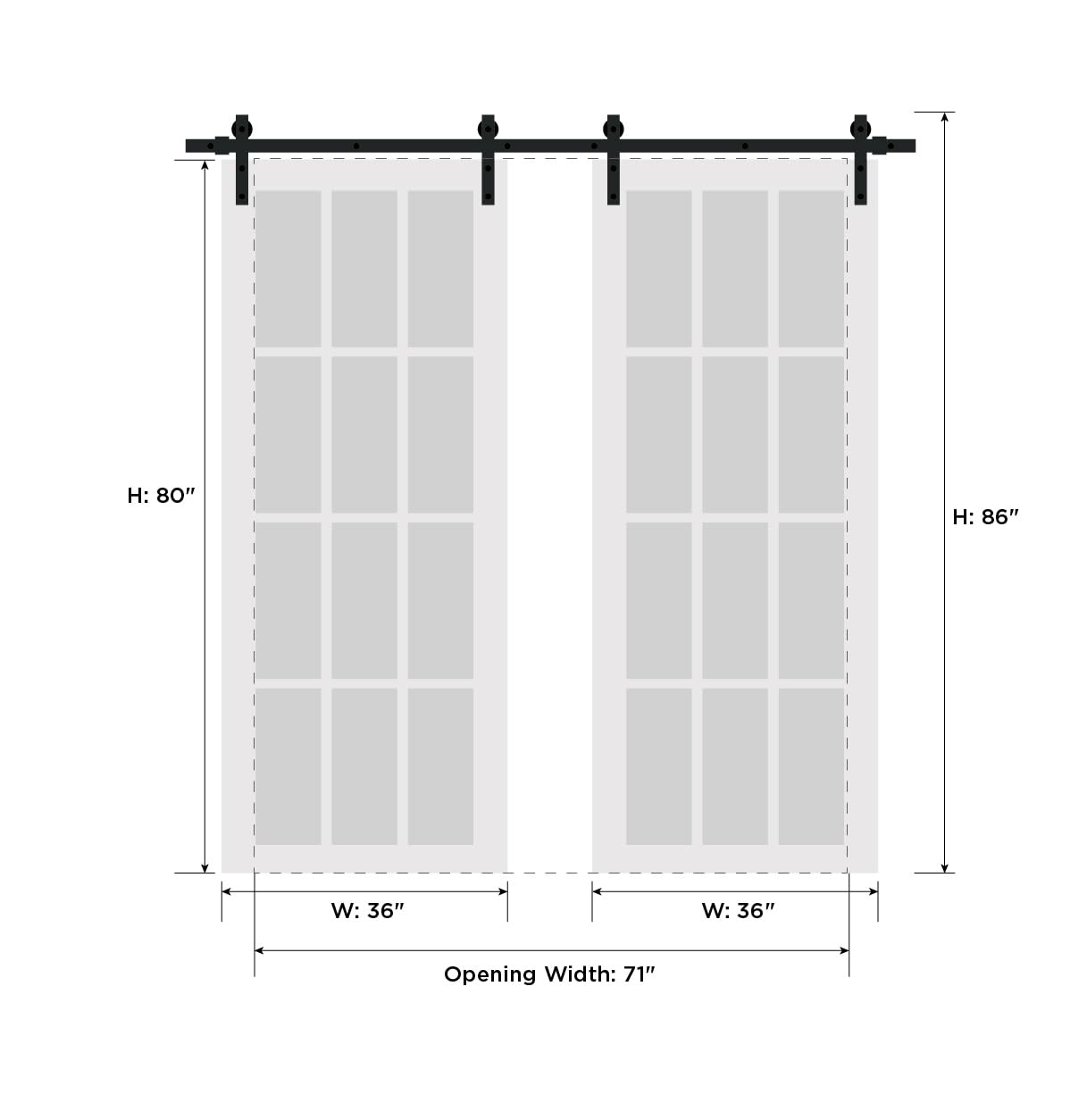 SARTODOORS 72 x 80 Inch Sliding Double Barn Doors with Hardware Kit - Quadro 4111 White Ash Finish | Top Mount 13FT Rail System | Modern Solid Panel Interior Door for Hallway, Bedroom & Bathroom | Easy Installation & Space Saving Solution