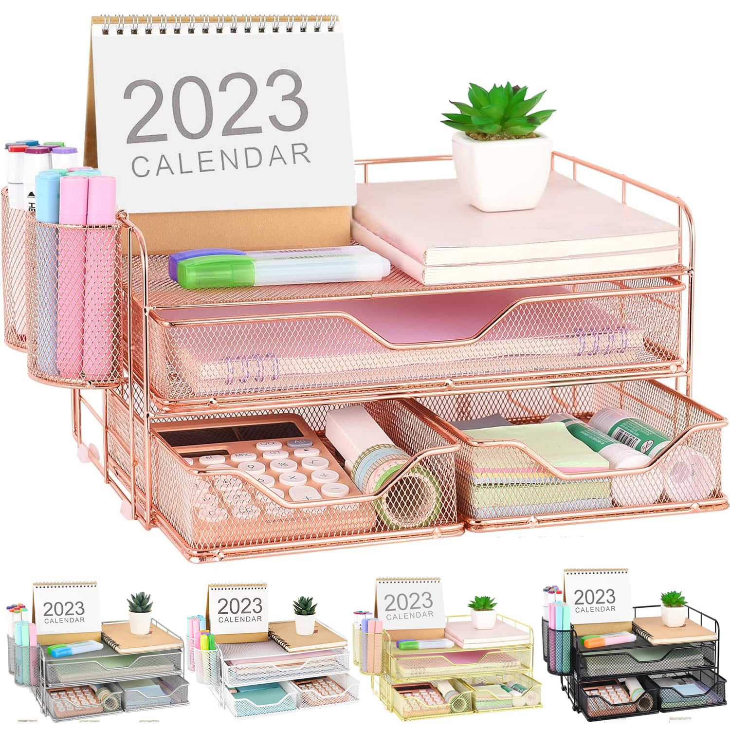 3 Tier Drawer Organizer with 2 Pen Holders - Rose Gold Office Desk Organizer for Home & Workspace | Perfect for Organizing Stationery, Makeup, Jewelry & Office Supplies