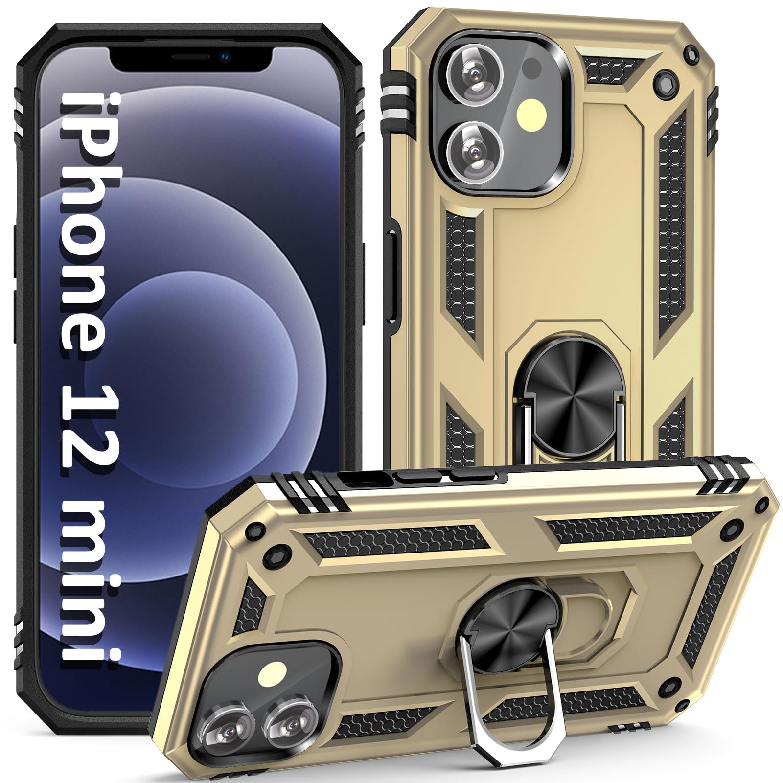 Premium ADDIT iPhone 12 Mini Case with Ring Holder Stand - Military Grade Heavy Duty Protection, Magnetic Car Mount Compatible (Gold) - Perfect for Daily Use, Travel & Hands-Free Convenience