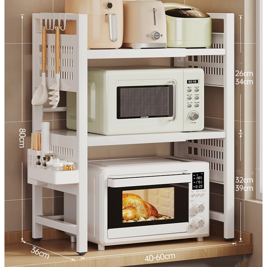 FLTRGO 3-Tier Extendable Microwave Oven Rack - Adjustable Heavy Duty Metal Pantry Shelf with Spice Organizer, Paper Towel Holder & 6 Hooks - Space Saving Kitchen Organizer for Home, Office or Dorm Countertop - Perfect for Small Spaces, Microwave Storage & Kitchen Organization